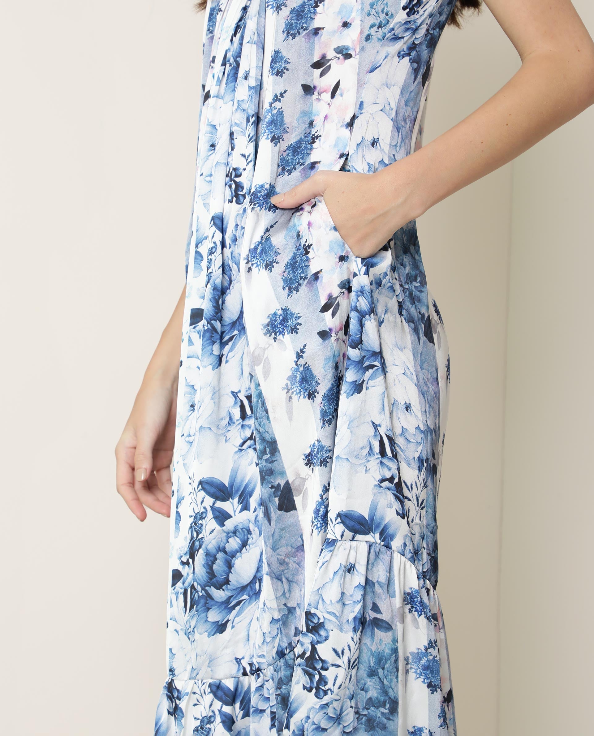 Rareism Women's Macy Light Blue Polyester Fabric Shoulder Straps Slip-On Closure Sleeveless Floral Print Maxi Dress