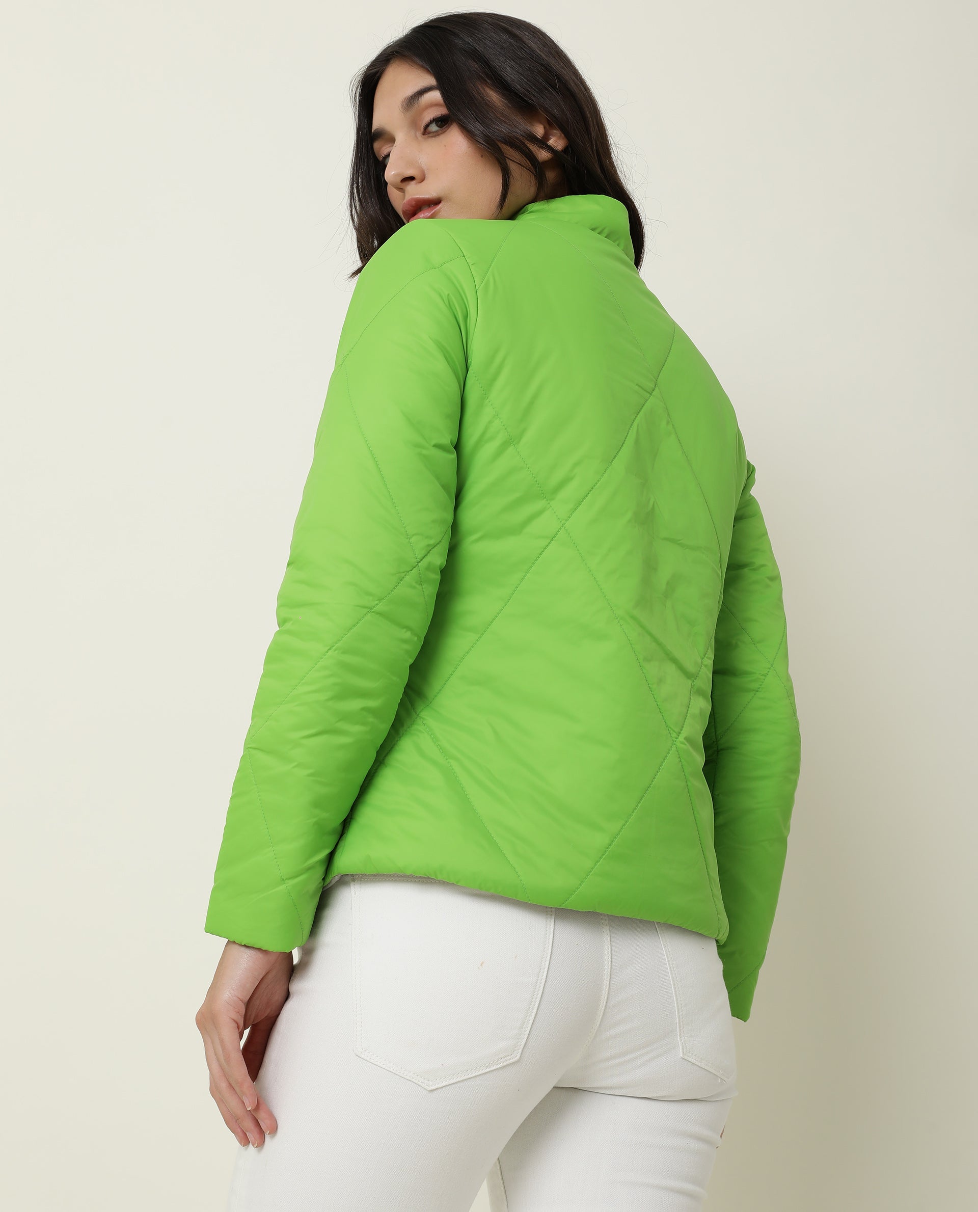 Rareism Women Cora Light Green Polyester Fabric Full Sleeves Solid High Neck Jacket