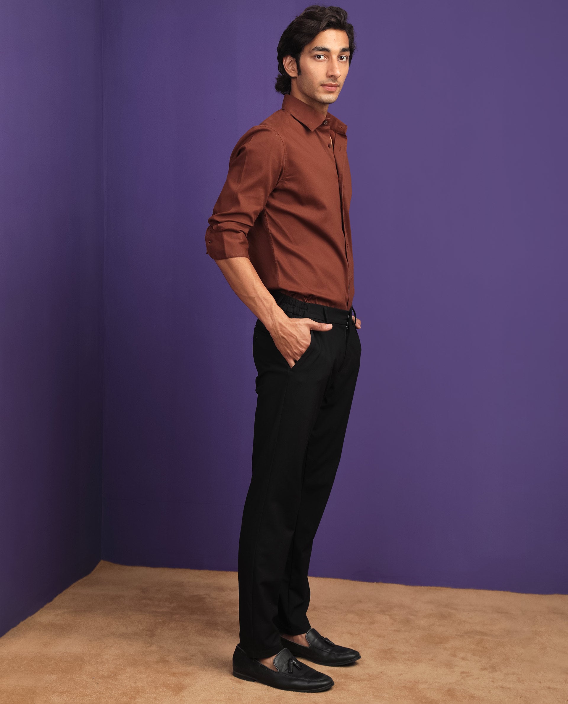 Rare Rabbit Men's Bicton Brown Cotton Lycra Fabric Full Sleeves Solid Twill Shirt