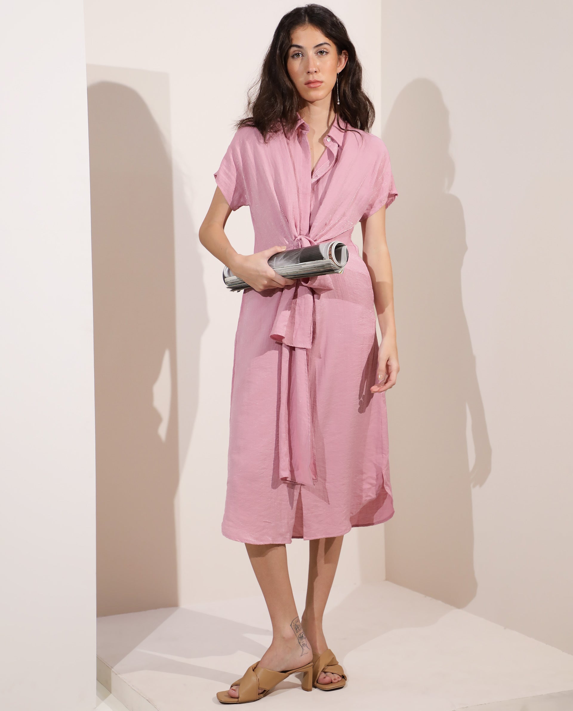 Rareism Women Kori Metallic Pink Shirt Collar Short Sleeve Front Button Closure Placket Fabric Waist Belt Pocket Midi Dress