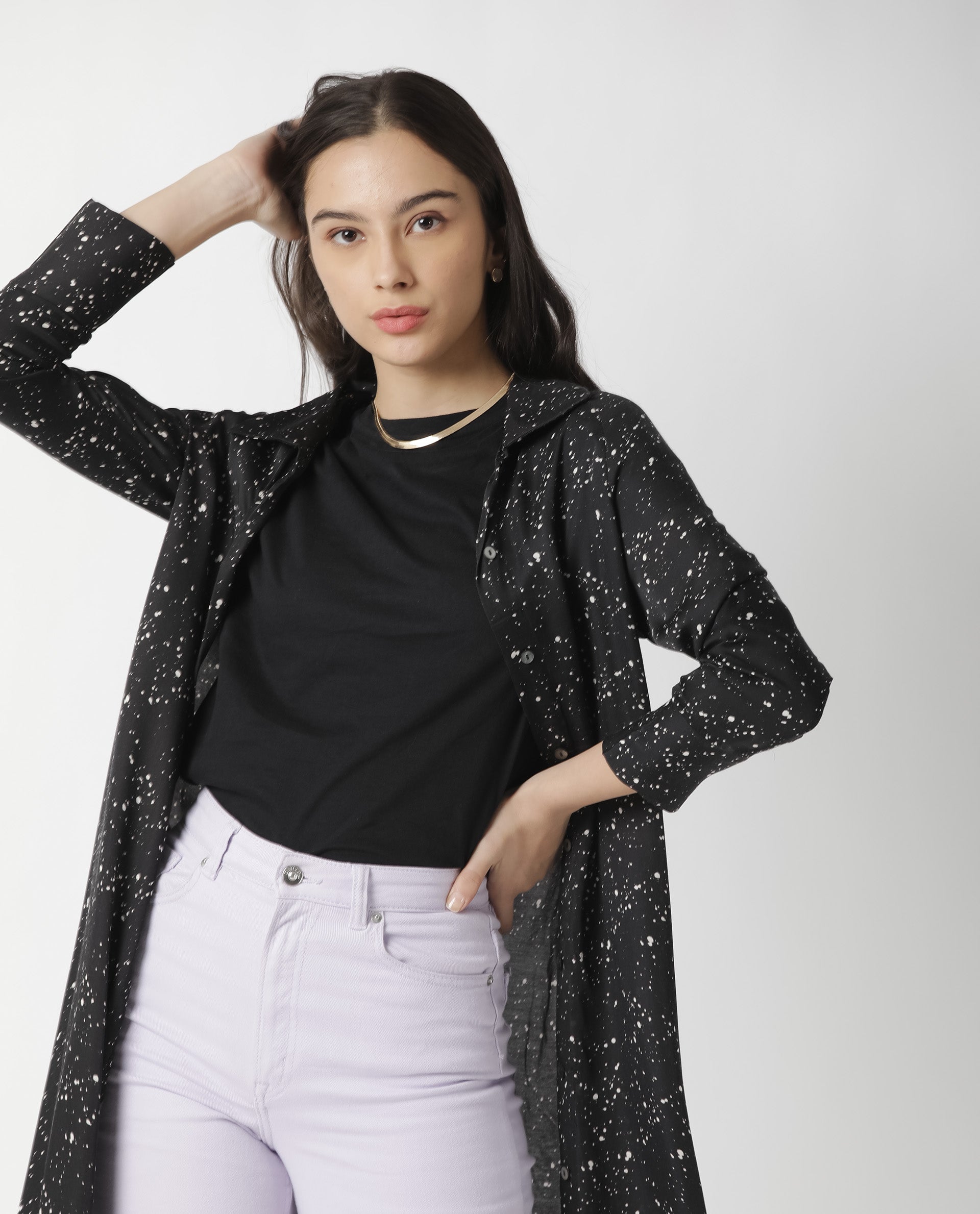 Rareism Womens Timid Black Dress Modal Fabric Regular Fit 3/4 Sleeve Collared Neck