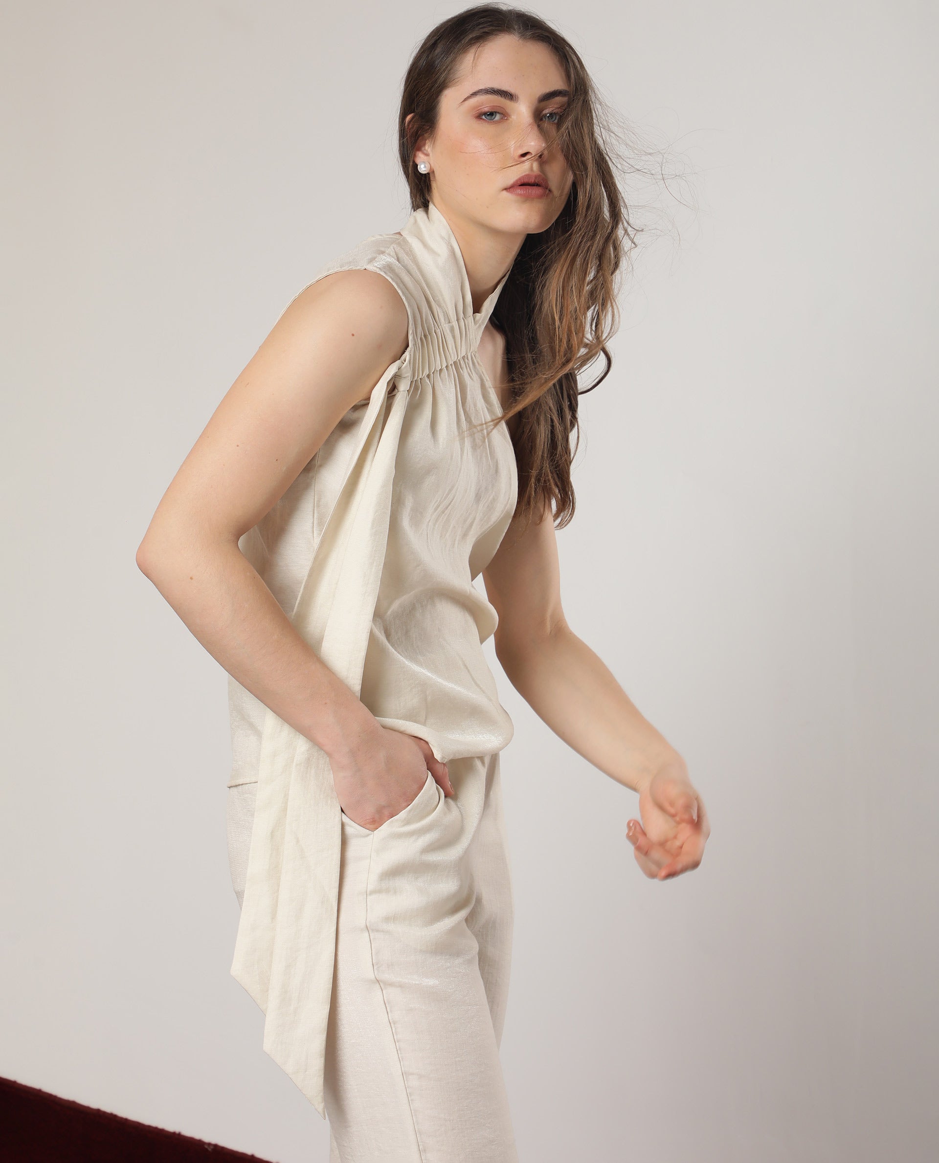 Rareism Women Urale Beige Rayon Nylon Fabric Slim Fit Halter Neck Off Shoulder Solid Top