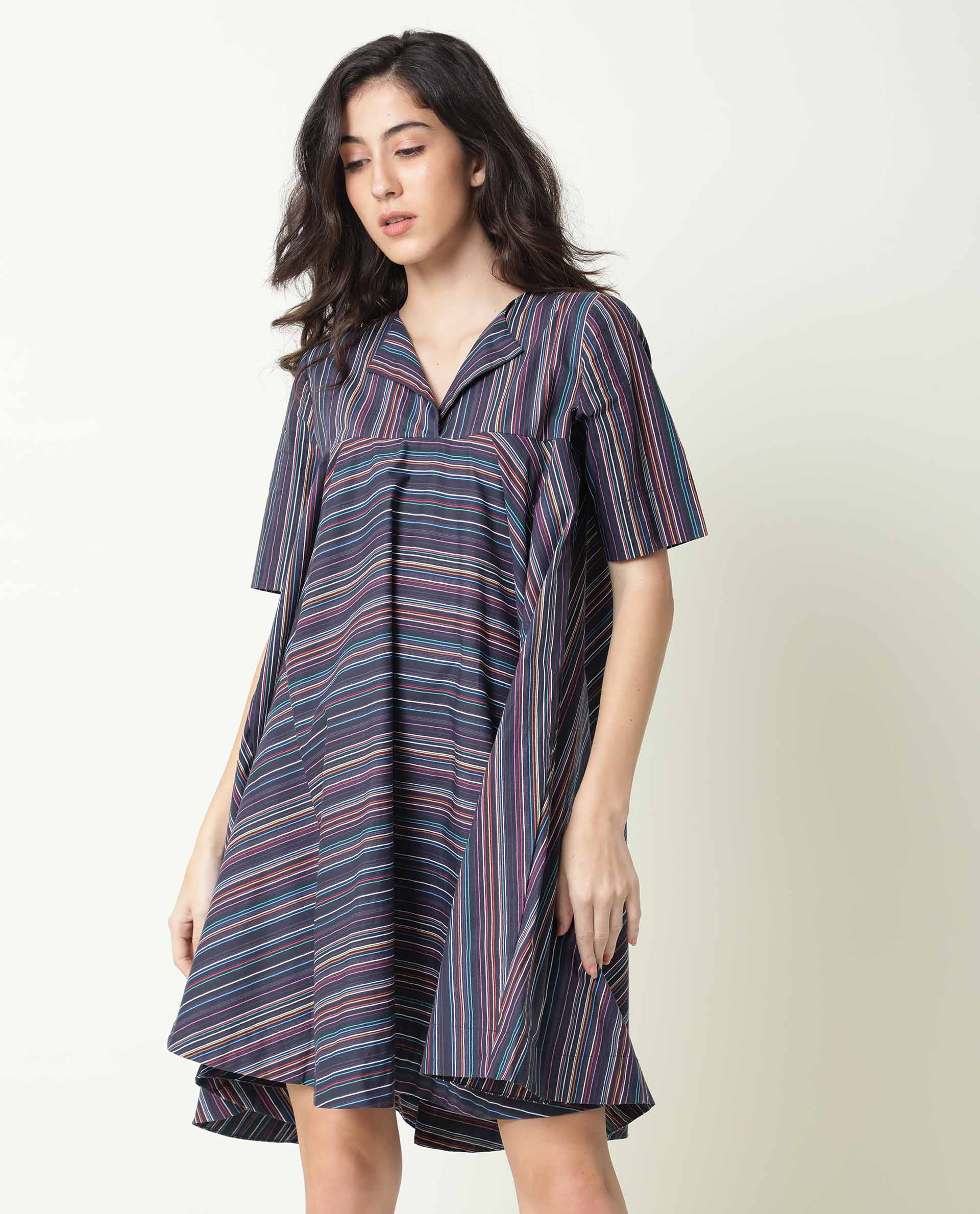 Rareism Womens Rafal Black Dress Cotton Fabric Relaxed Fit Half Sleeve Overlap Neck