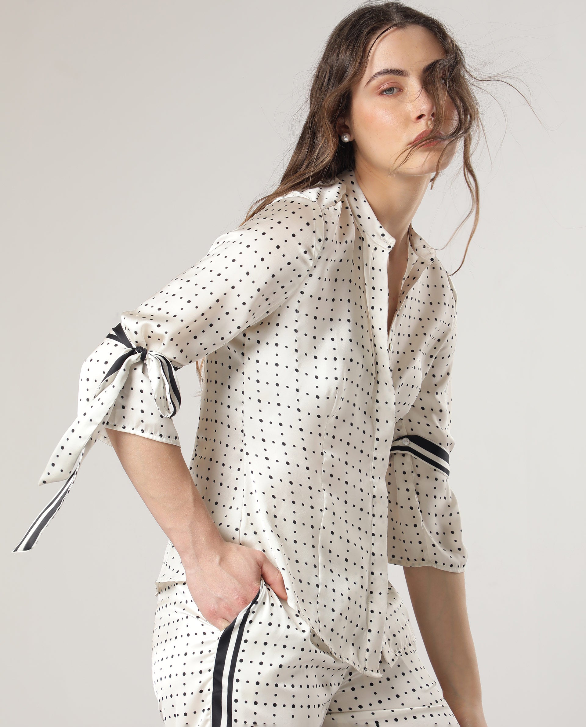 Rareism Women Zanax Beige Polyester Fabric Regular Fit Mandarin Collar 3/4Th Sleeves Polka Top