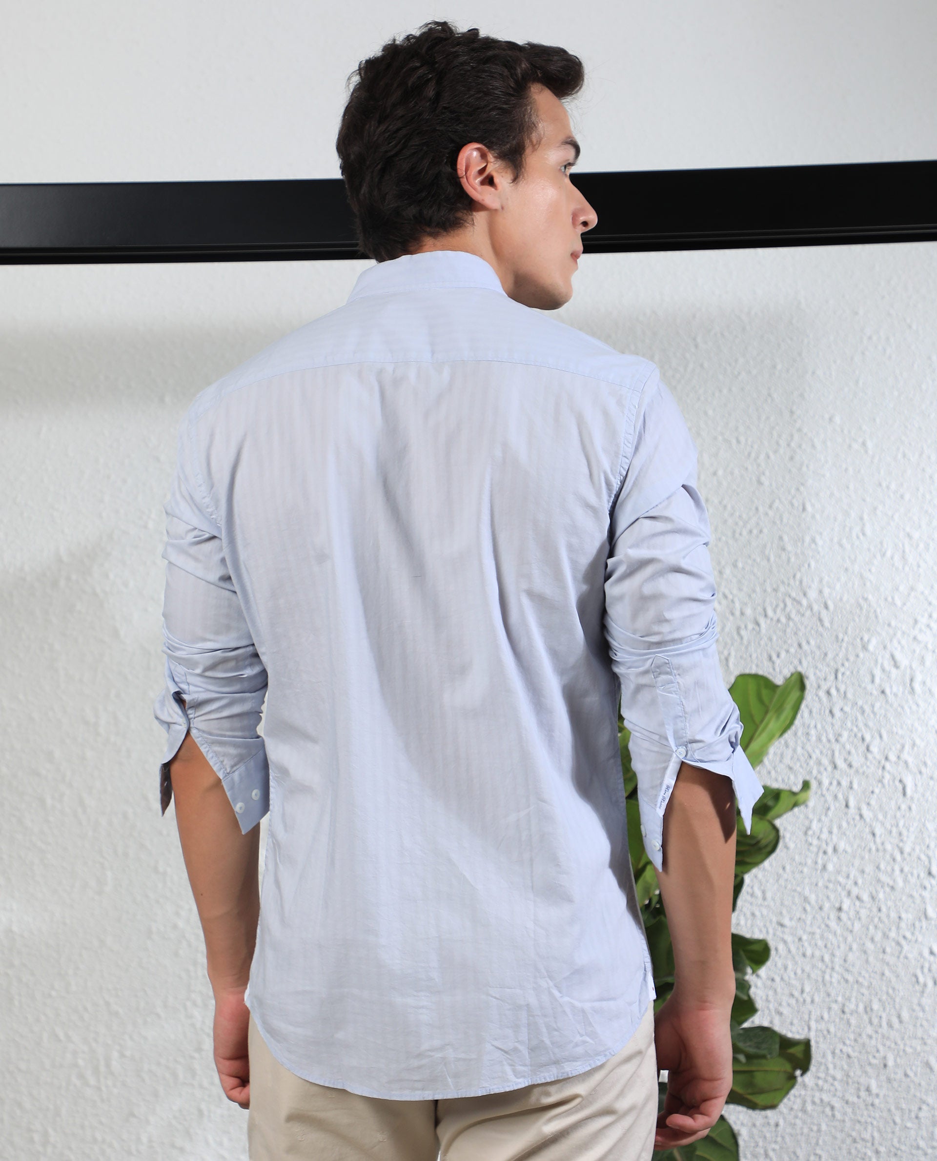 Rare Rabbit Men's Barss Blue Cotton Fabric High-Neck Mandarin Collar Full Sleeves Striped Shirt