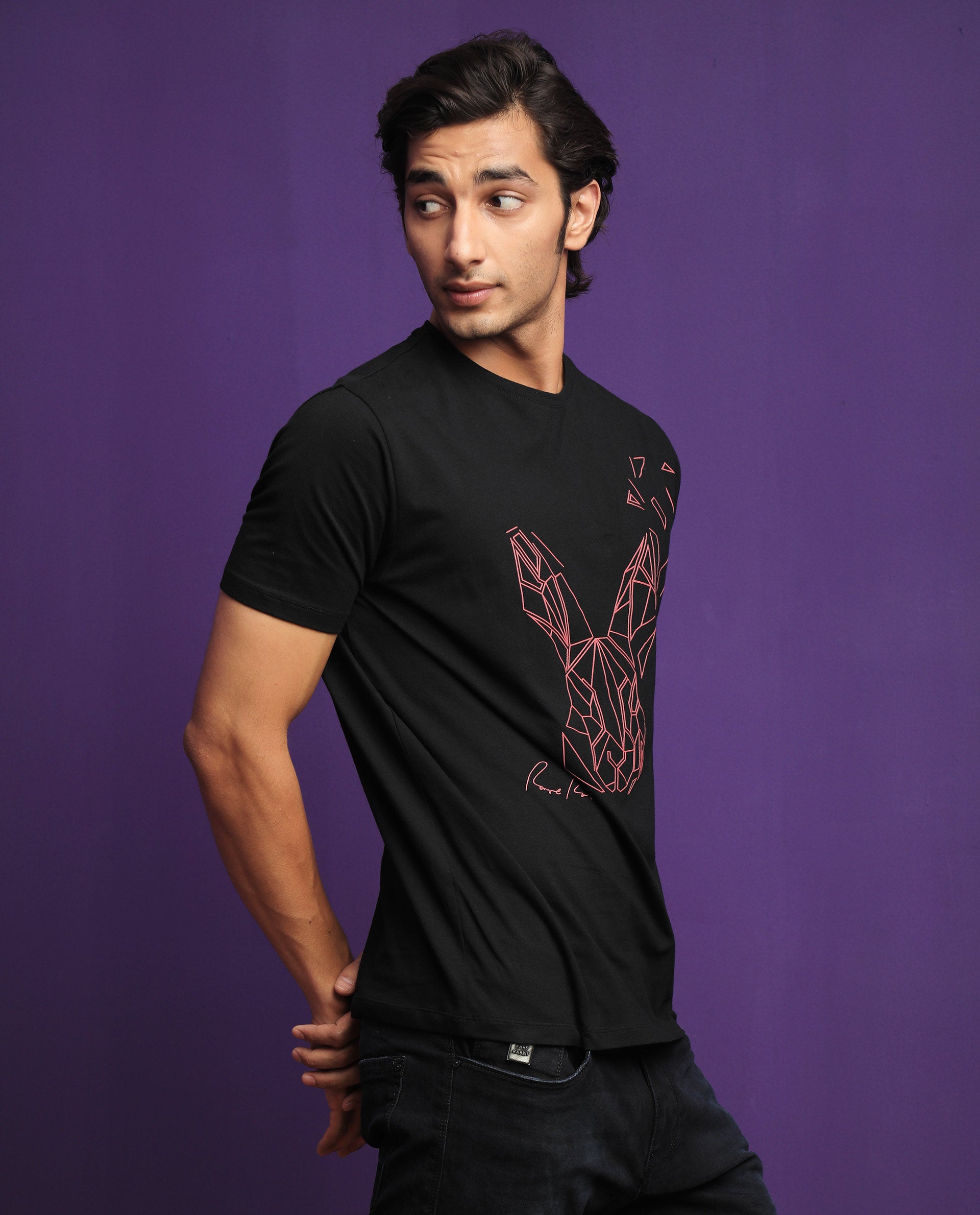 Rare Rabbit Mens Flames 2 Black Cotton Lycra Fabric Short Sleeves Crew Neck Slim Fit T-Shirt