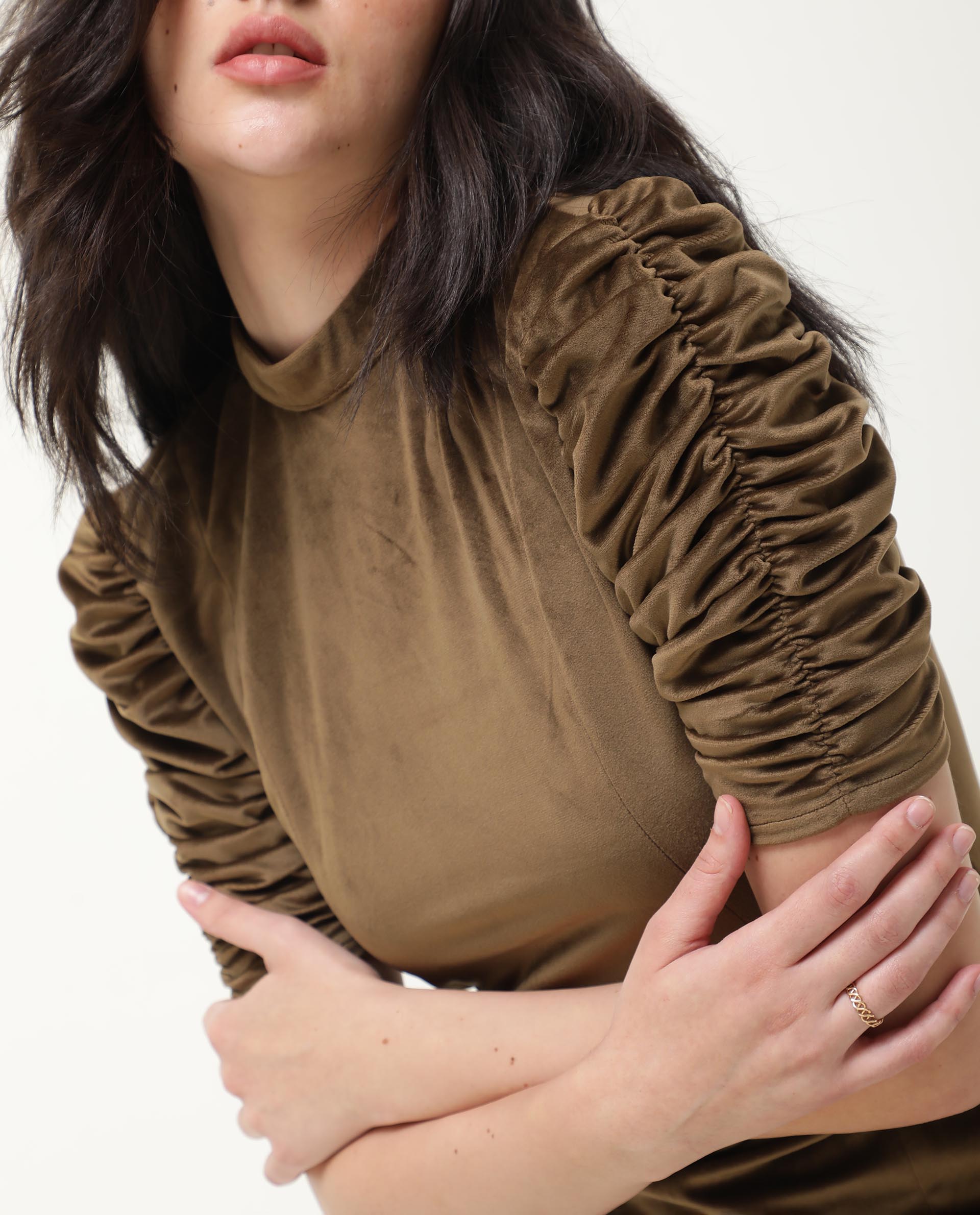 Rareism Women Winey Olive Round Neck Ruched Half Sleeves Mini Dress