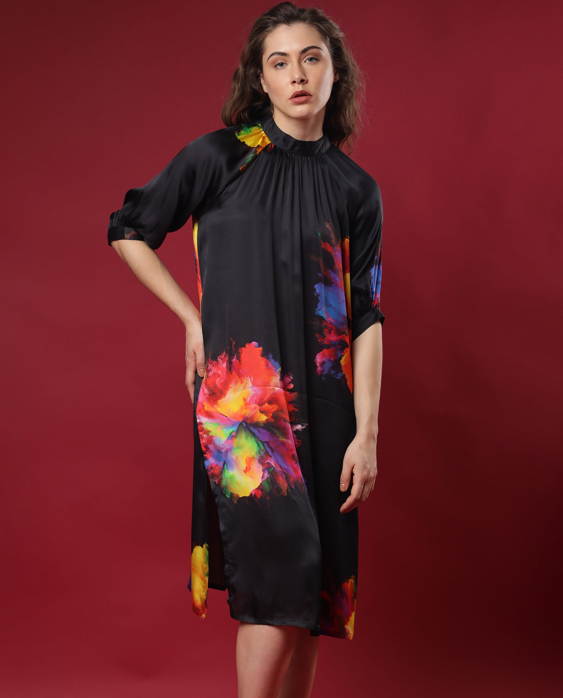 Rareism Women Jovi Black Floral Print High Neck Half Sleeves Back Button Closure With Pockets Knee Length Dress