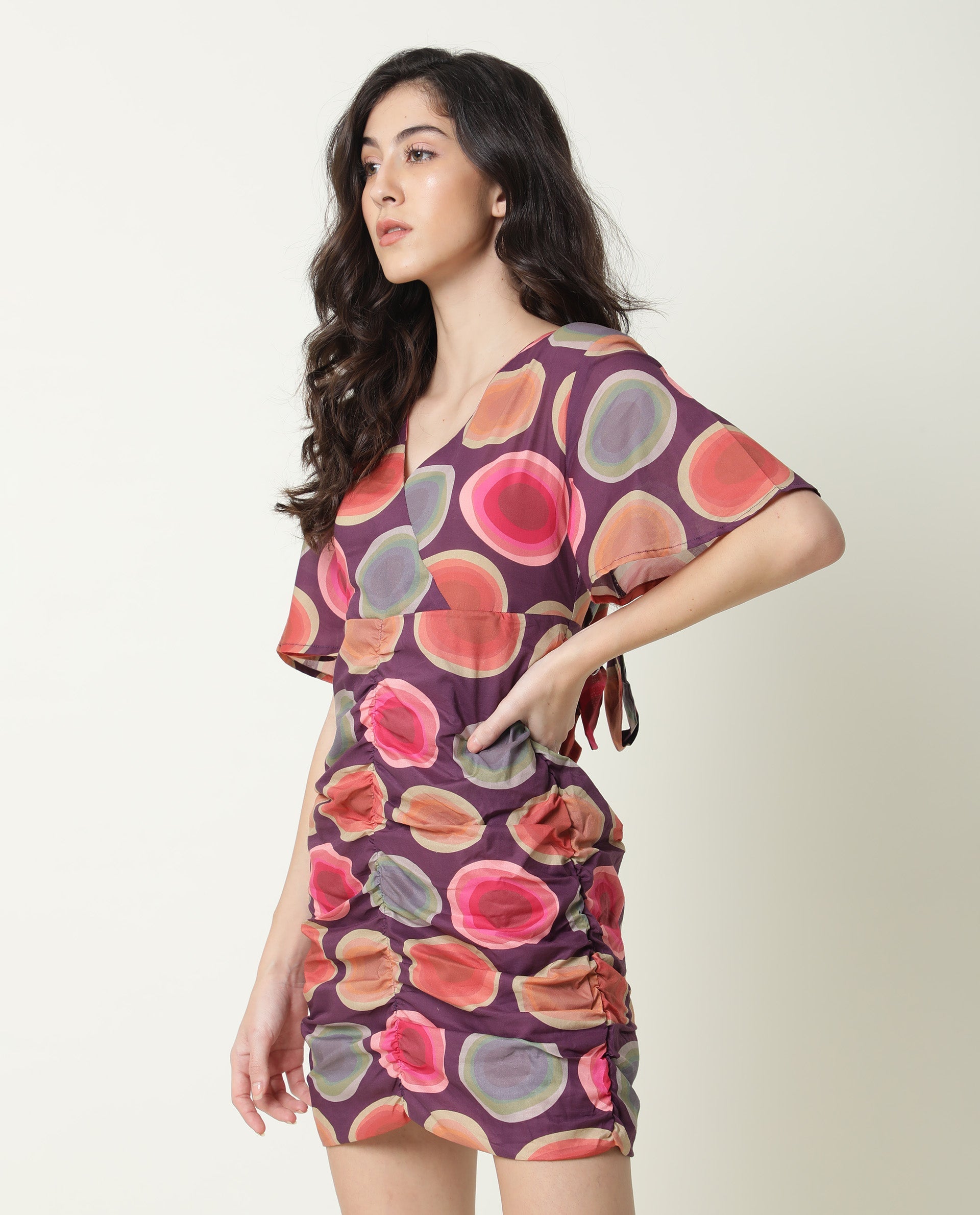 Rareism Women Anjou Purple Polka Dots Overlap Neck Half Sleeves Ruching At Sides And Back Mini Dress