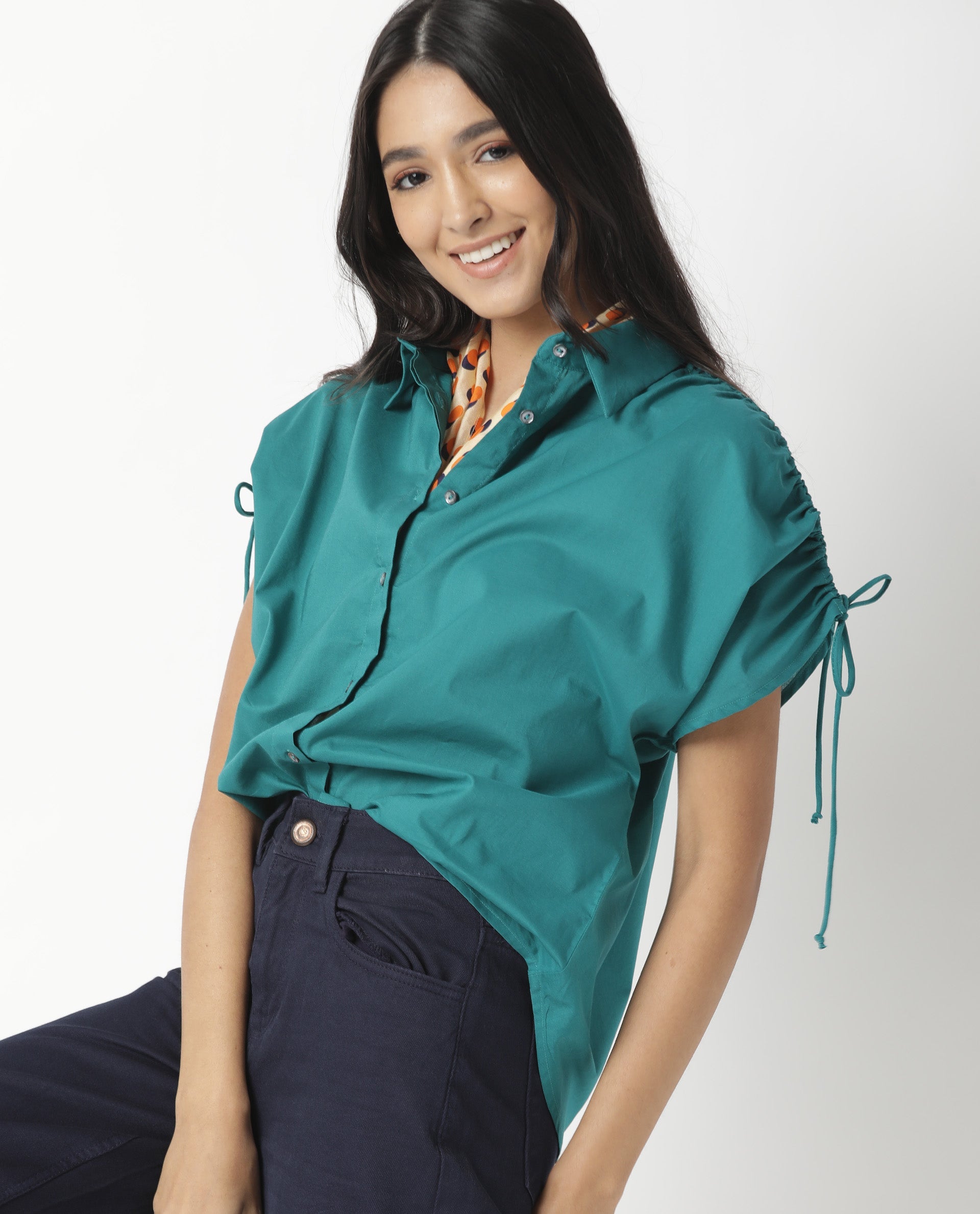 Rareism Women Tamara Dark Petrol Cotton Fabric Regular Fit Shirt Collar Half Sleeves Solid Top