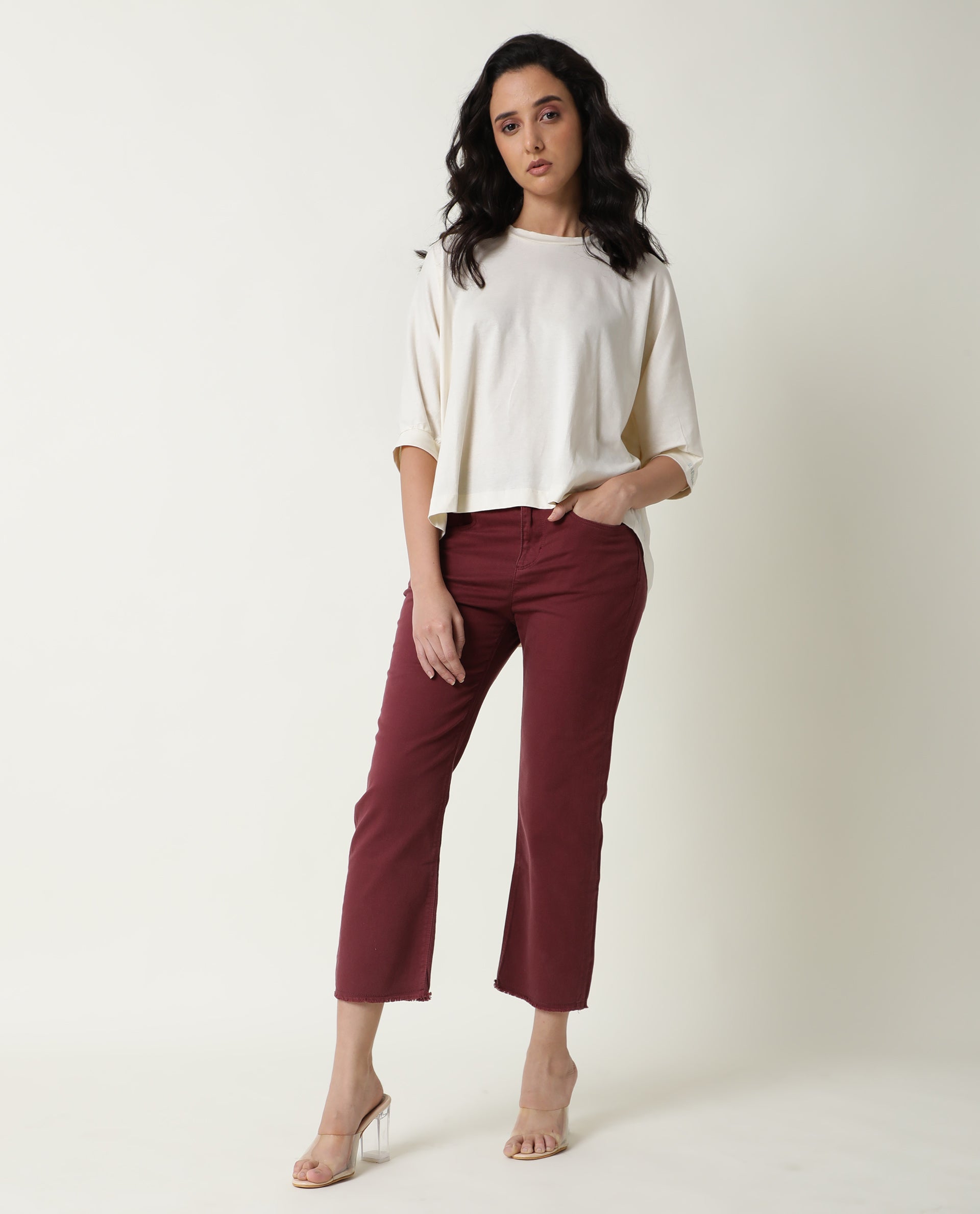 Rareism Women Osmo Off White Cotton Fabric Relaxed Fit Round Neck 3/4Th Sleeves Solid Top