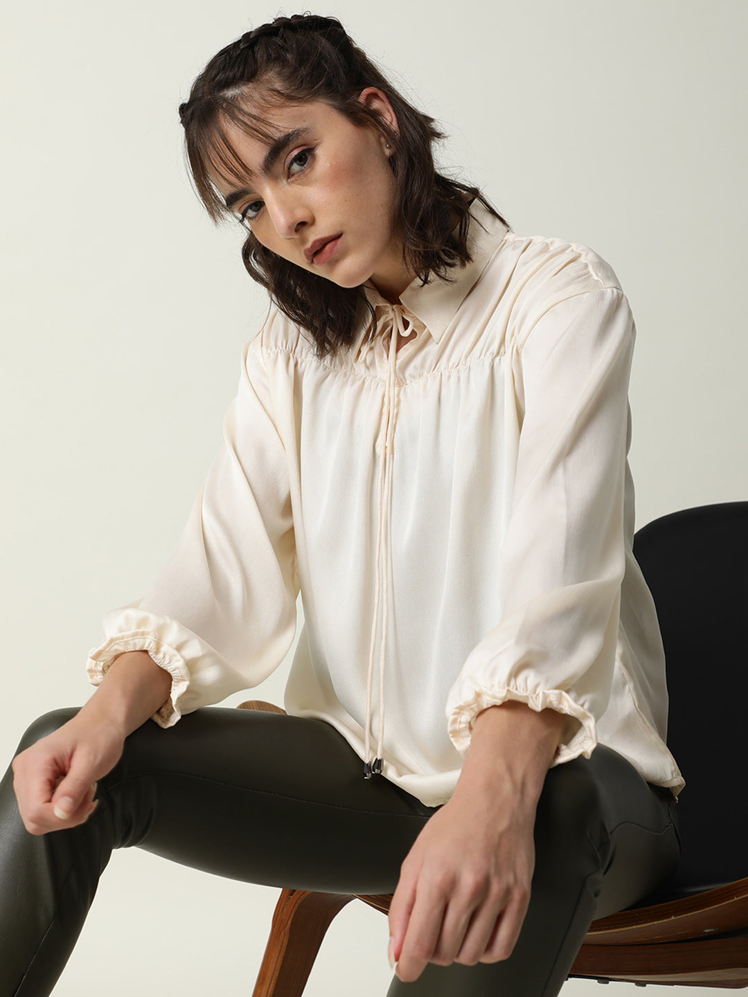 Rareism Women Paxo Off White Poly Cotton Fabric Regular Fit Tie-Up Neck Full Sleeves Solid Top