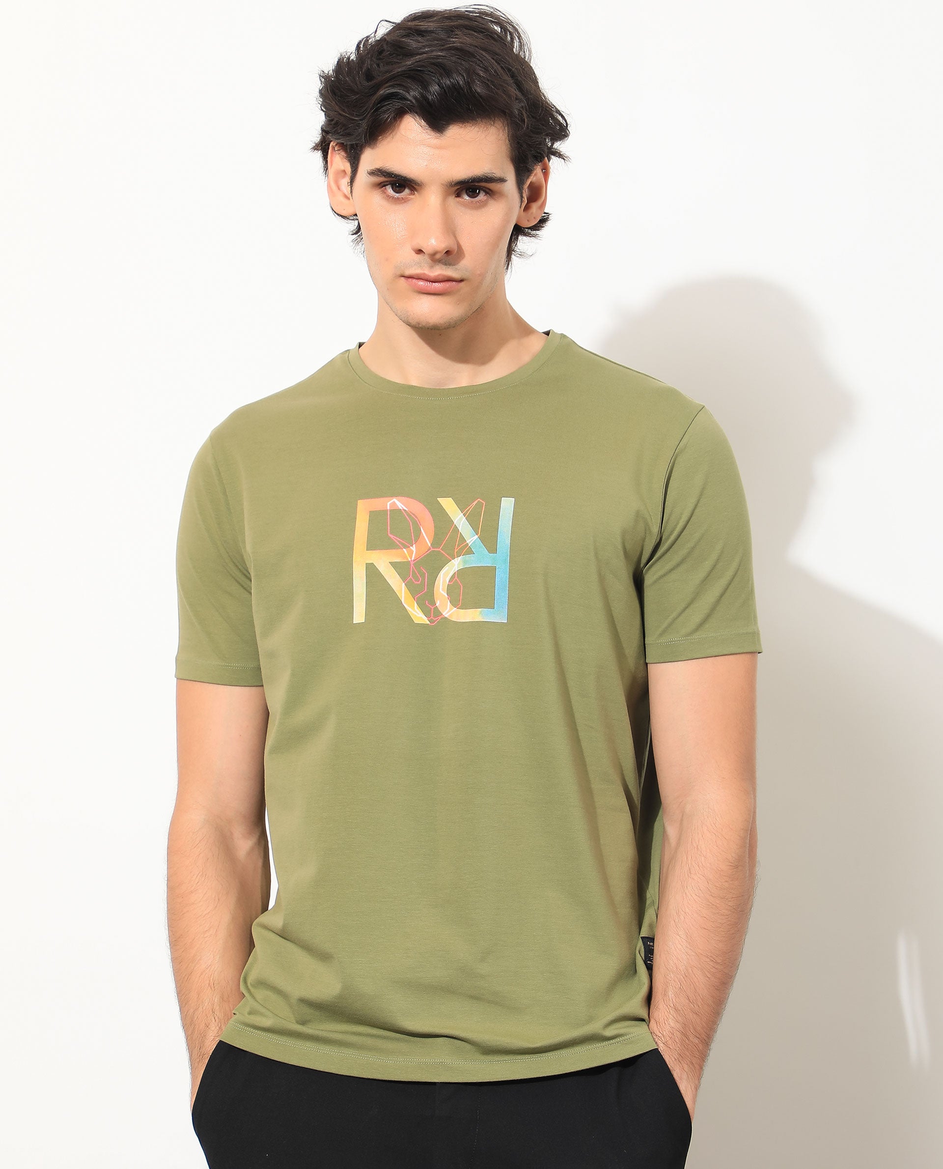 Rare Rabbit Men's Tack Olive Crew Neck Graphic Printed Half Sleeves Slim Fit T-Shirt