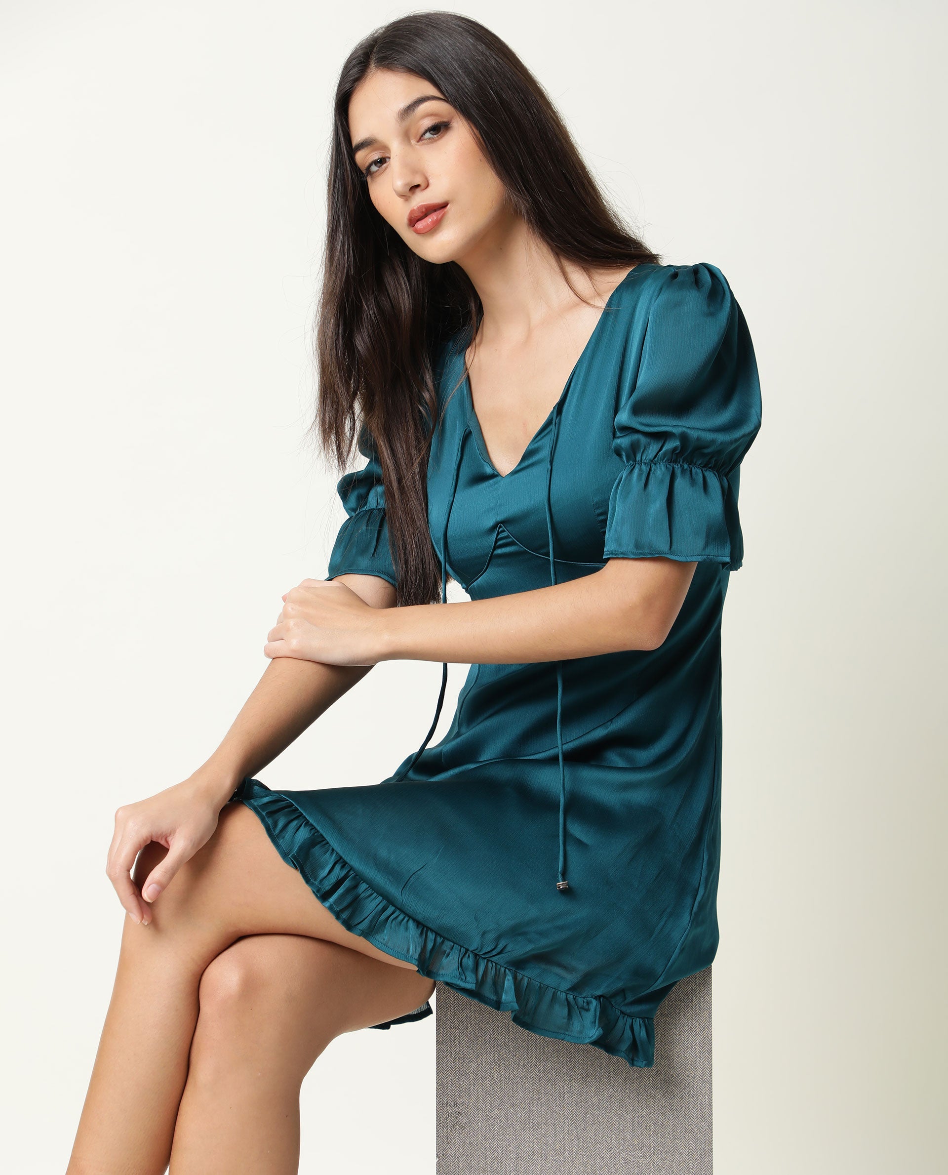 Rareism Women Betty Green V Neck Front Tie Up Short Puff Sleeves With Ruffled Hem Mini Dress