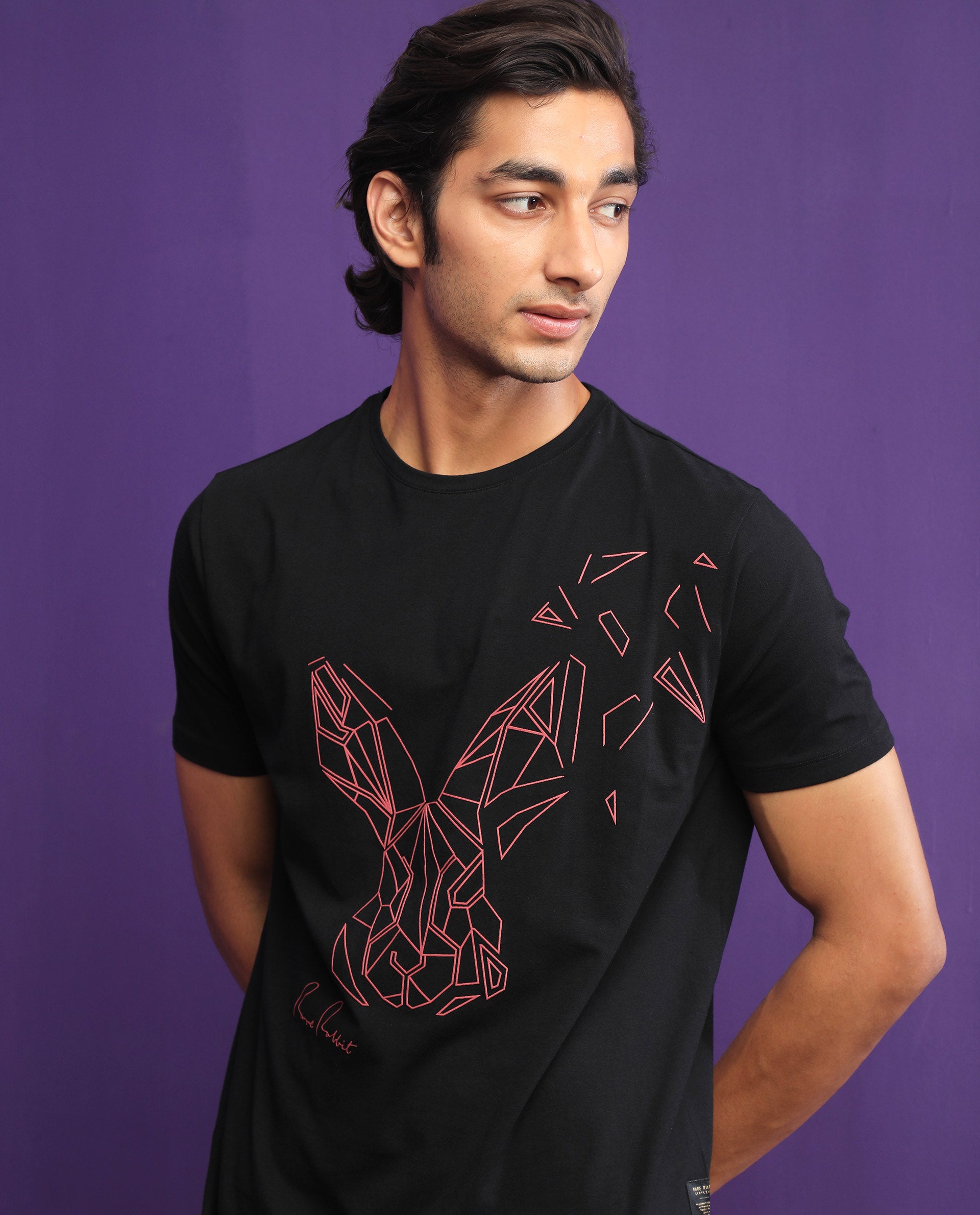 Rare Rabbit Mens Flames 2 Black Cotton Lycra Fabric Short Sleeves Crew Neck Slim Fit T-Shirt