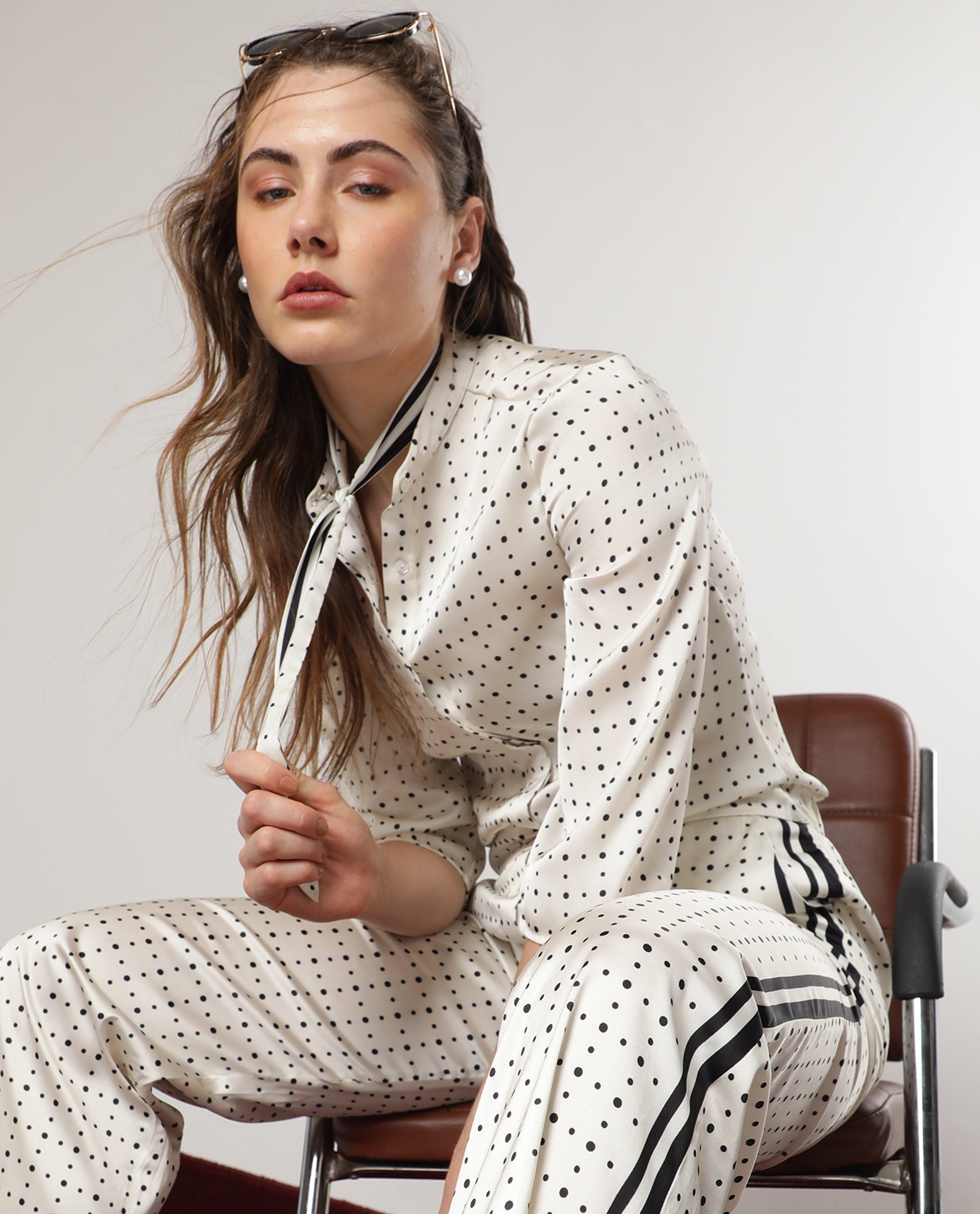 Rareism Women Zanax Beige Polyester Fabric Regular Fit Mandarin Collar 3/4Th Sleeves Polka Top