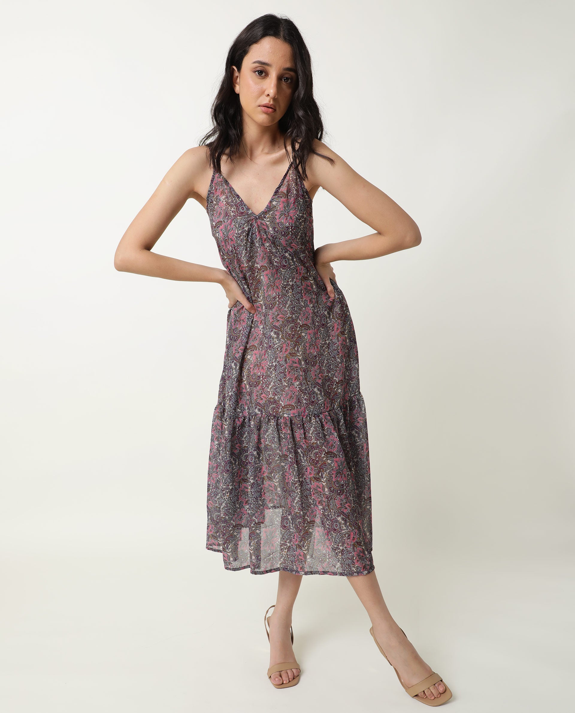 Rareism Women Hilda Pink Abstract Print V Neck Double Spaghetti Straps Tiered Midi Dress