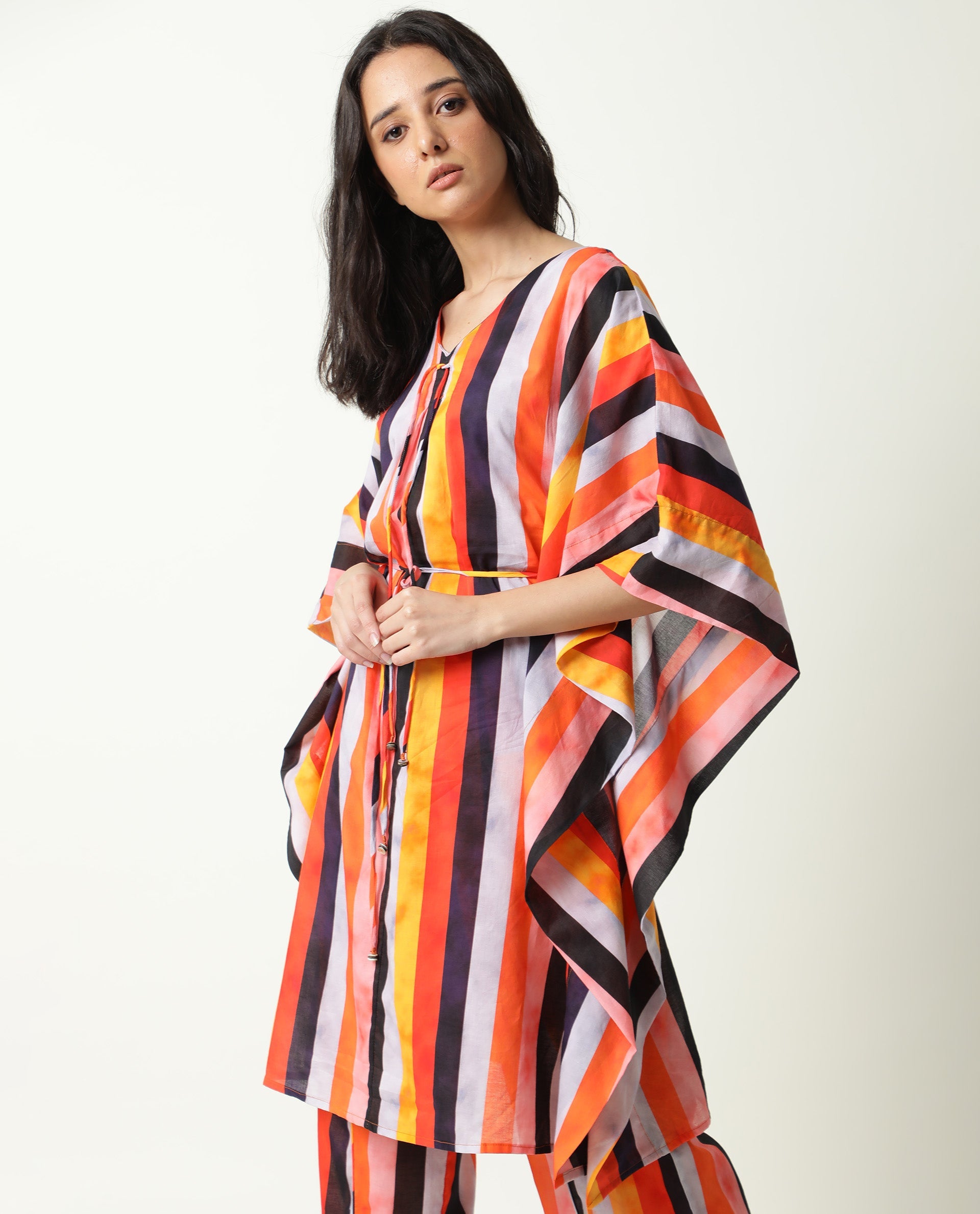 Rareism Women Fact Multi Abstract V Neck Tie Up At Neck And Waist Kaftan Knee Length Dress