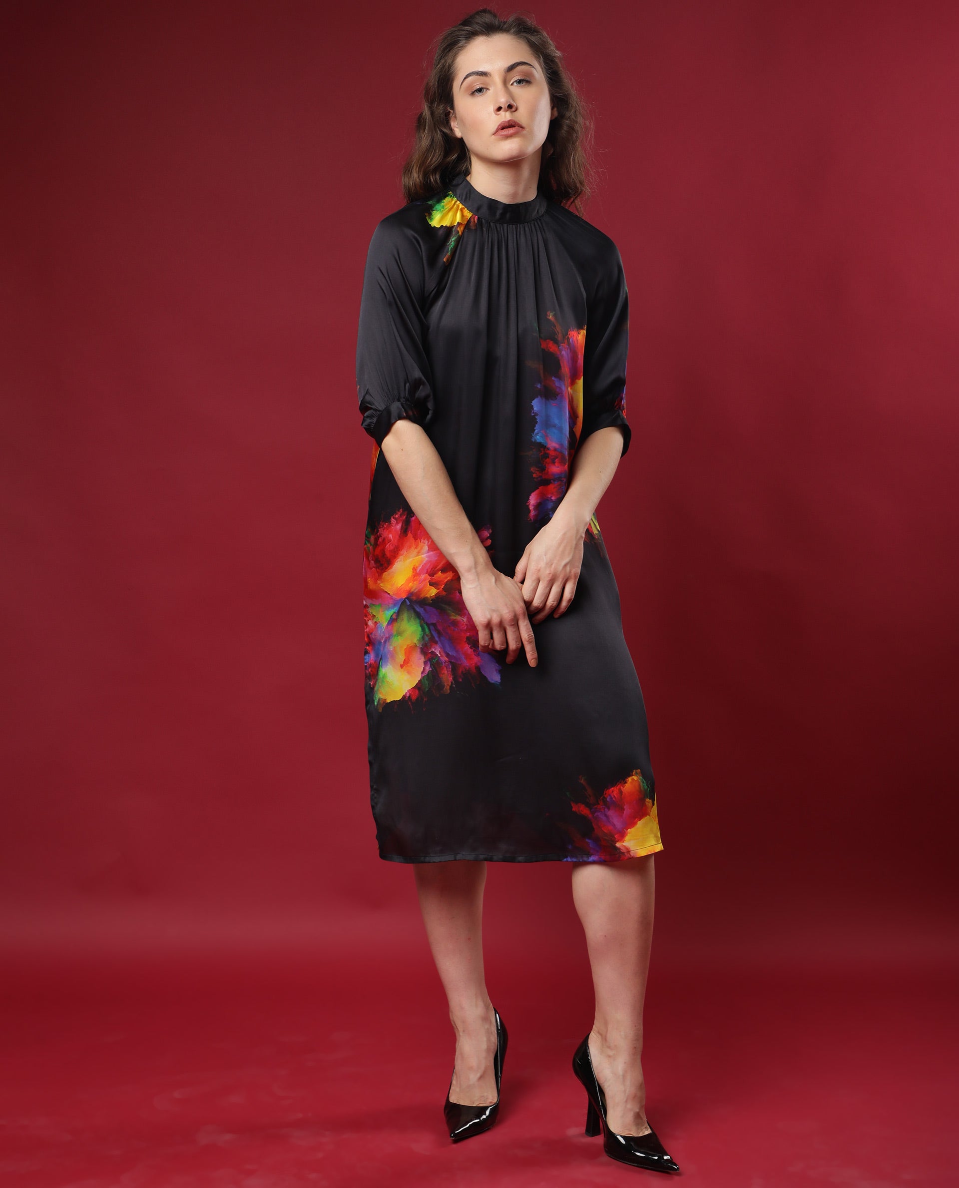 Rareism Women Jovi Black Floral Print High Neck Half Sleeves Back Button Closure With Pockets Knee Length Dress