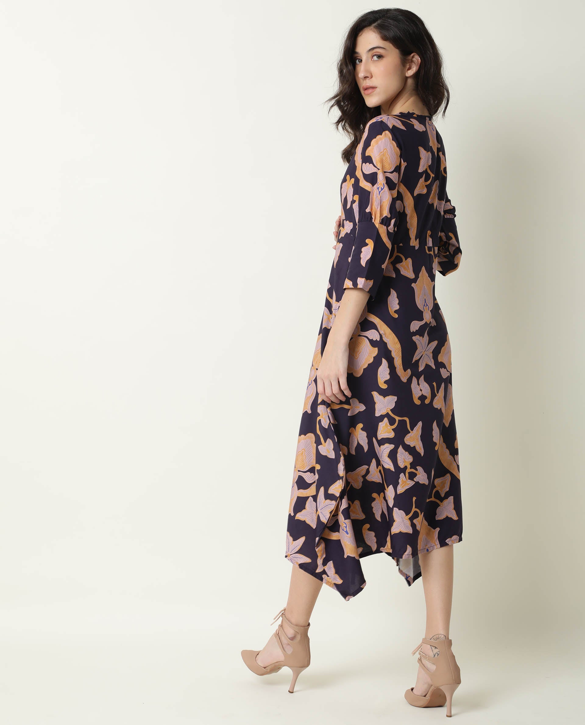 Rareism Women Kenna Navy Abstract Print V Neck 3/4 Sleeves Asymmetric Knee Length Dress