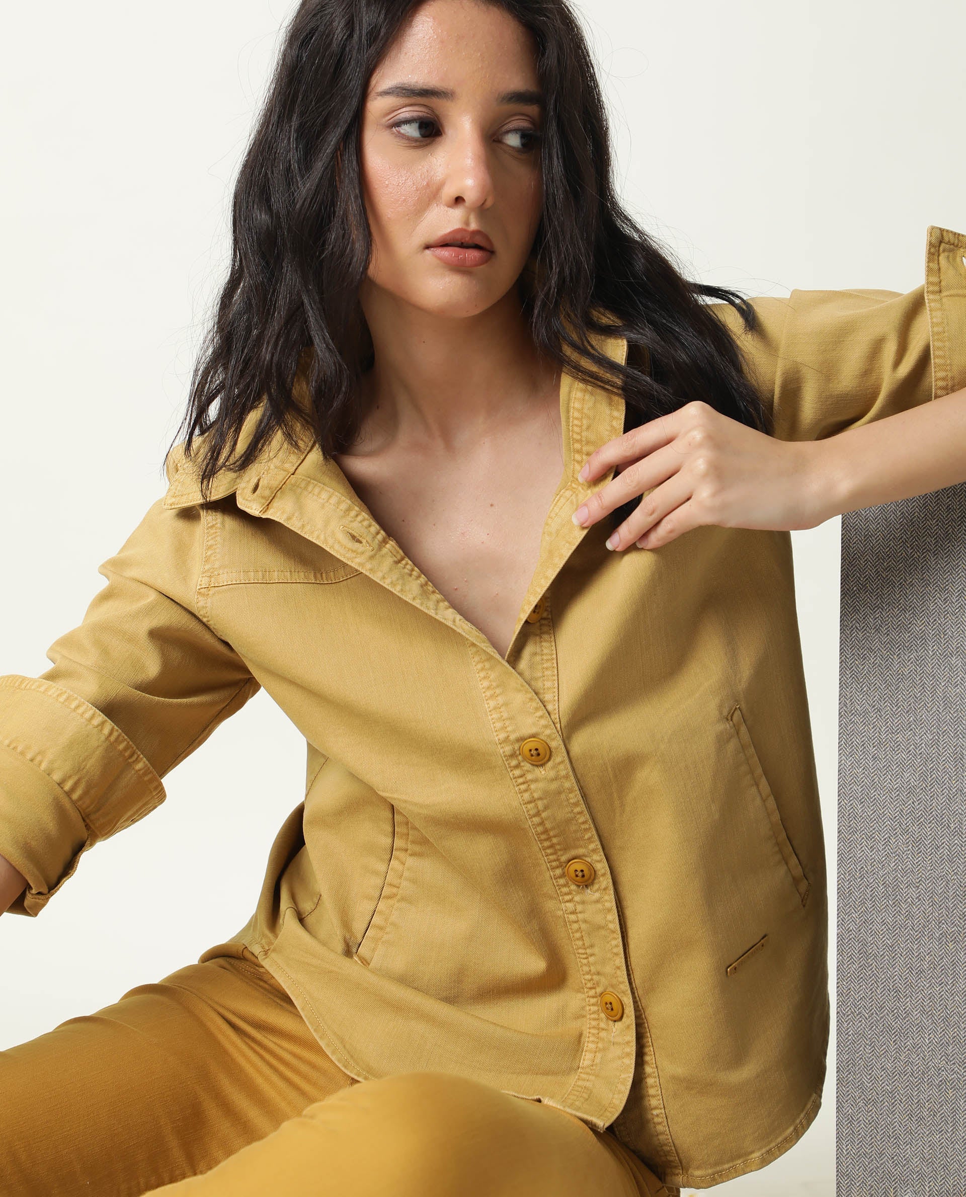 Rareism Women Mission Mustard Cotton Lycra Fabric Full Sleeves Solid Shirt Collar Jacket