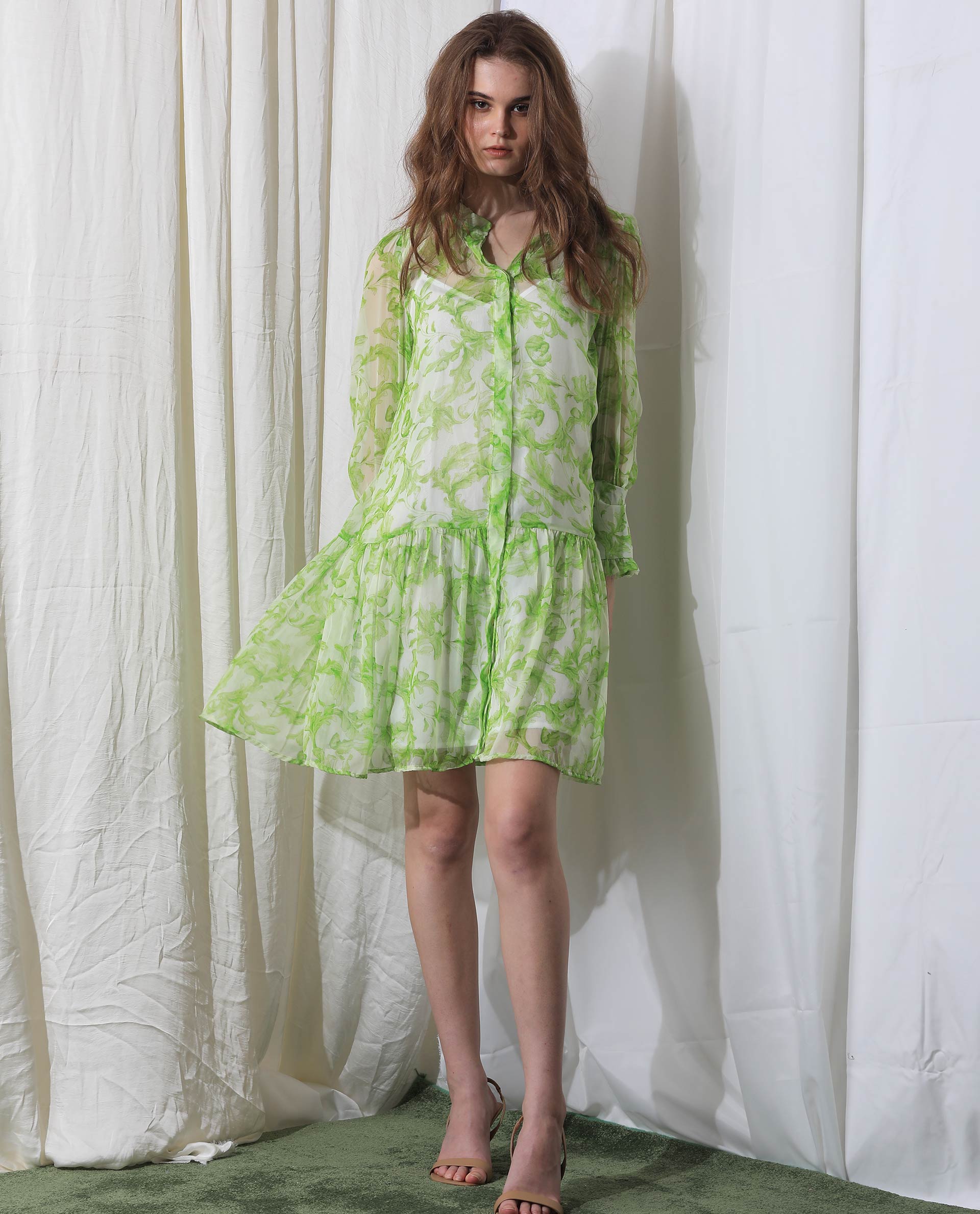 Rareism Women's Quin Green Polyester Fabric Ruffled Neck Button Closure Ruffled Sleeve Floral Print Knee Length Dress