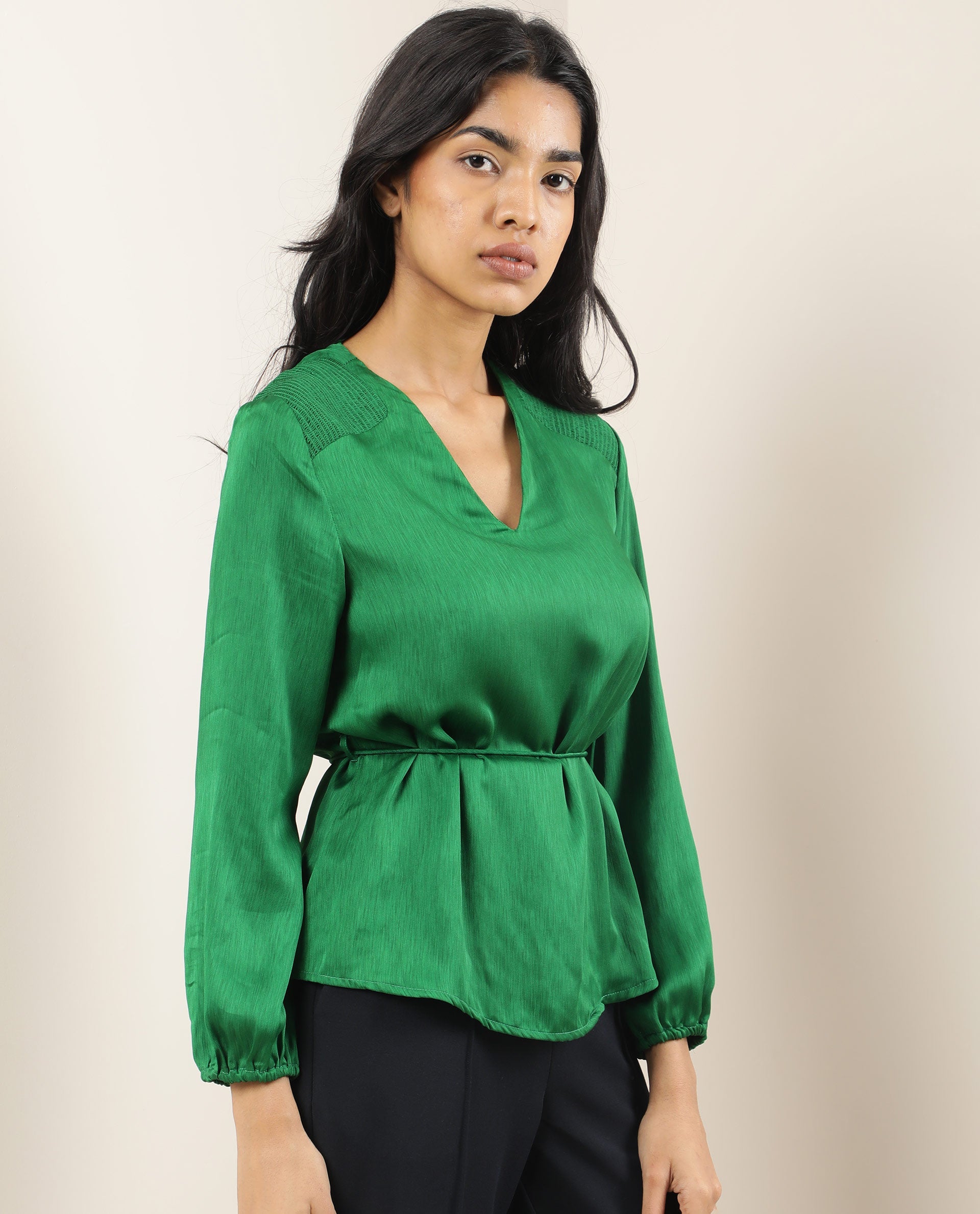 Rareism Womens Dronite Green Top Polyester Fabric Full Sleeve V Neck