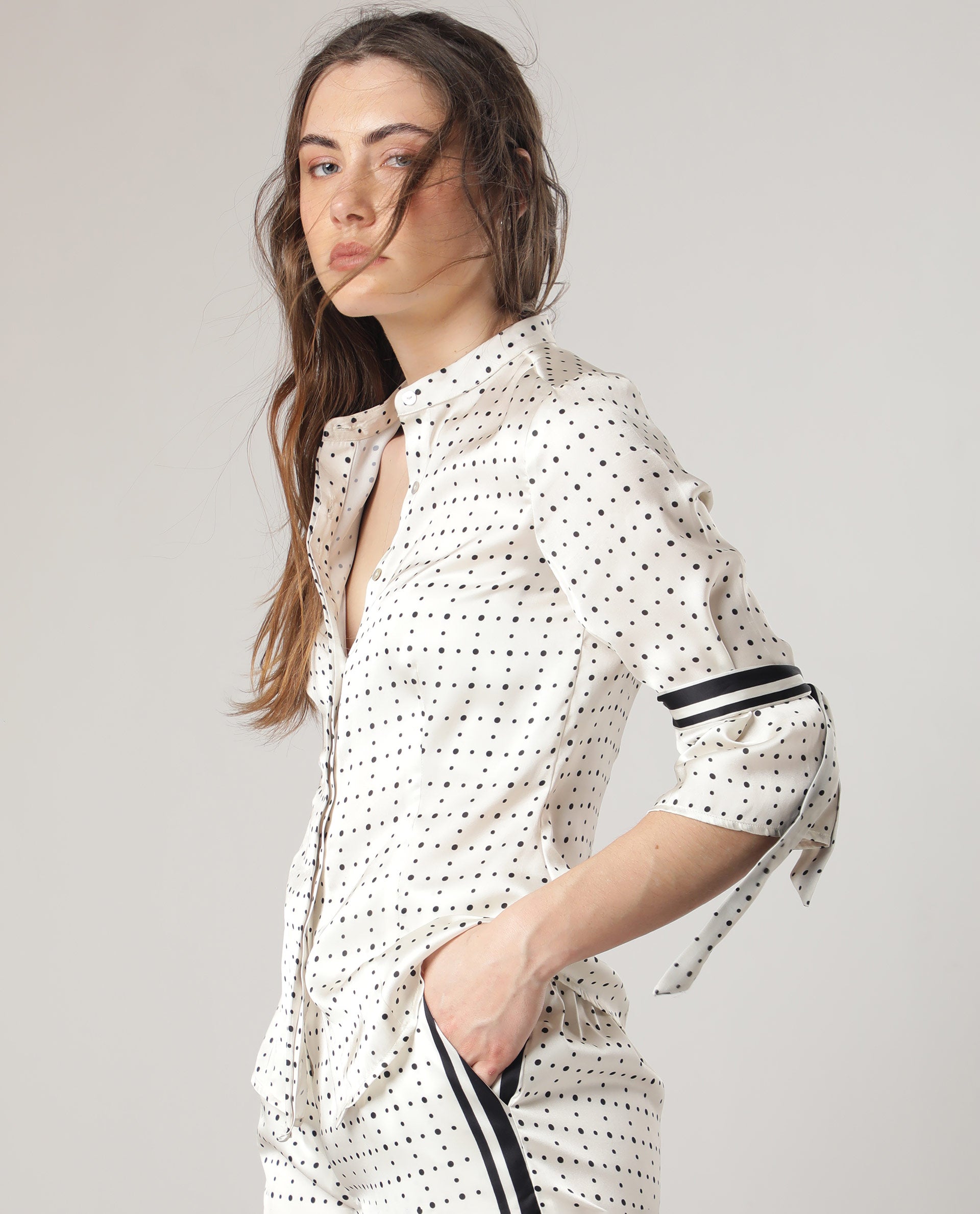 Rareism Women Zanax Beige Polyester Fabric Regular Fit Mandarin Collar 3/4Th Sleeves Polka Top