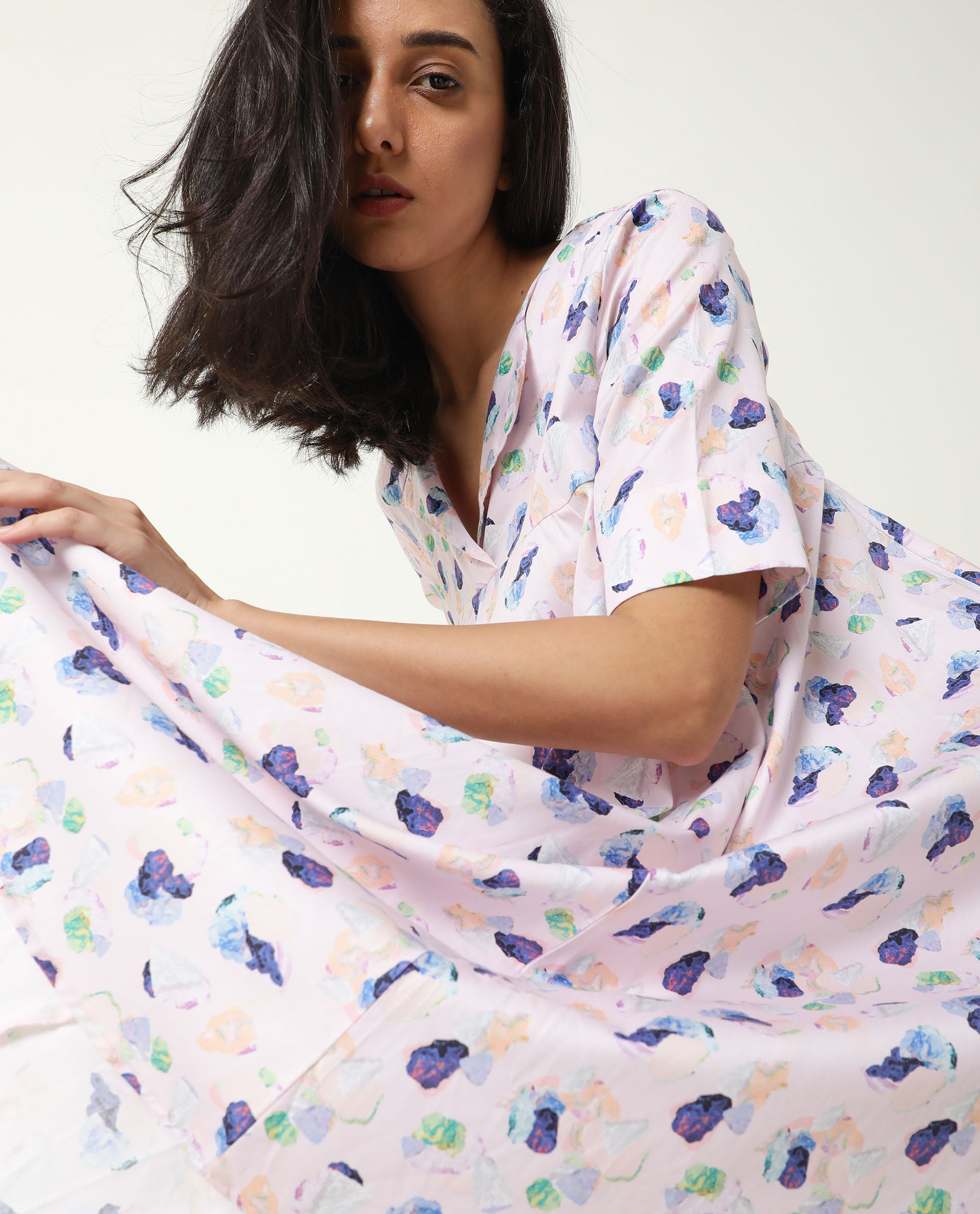 Rareism Women Allia Pink Printed Overlap Lapel Collar Short Sleeves Flared Mini Dress