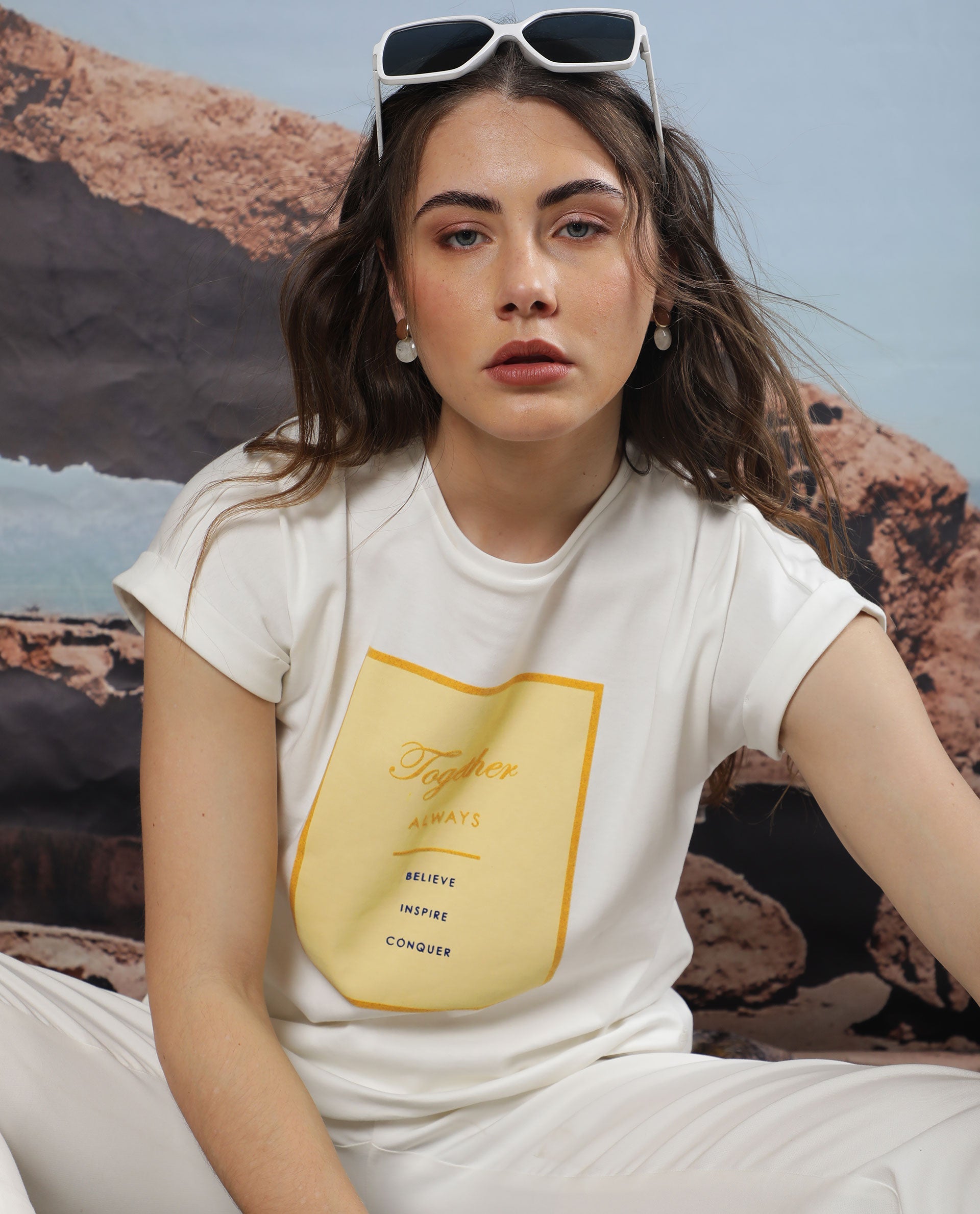 Rareism Women Ira White Cotton Fabric Short Sleeves Crew Neck Regular Fit Graphic Print T-Shirt