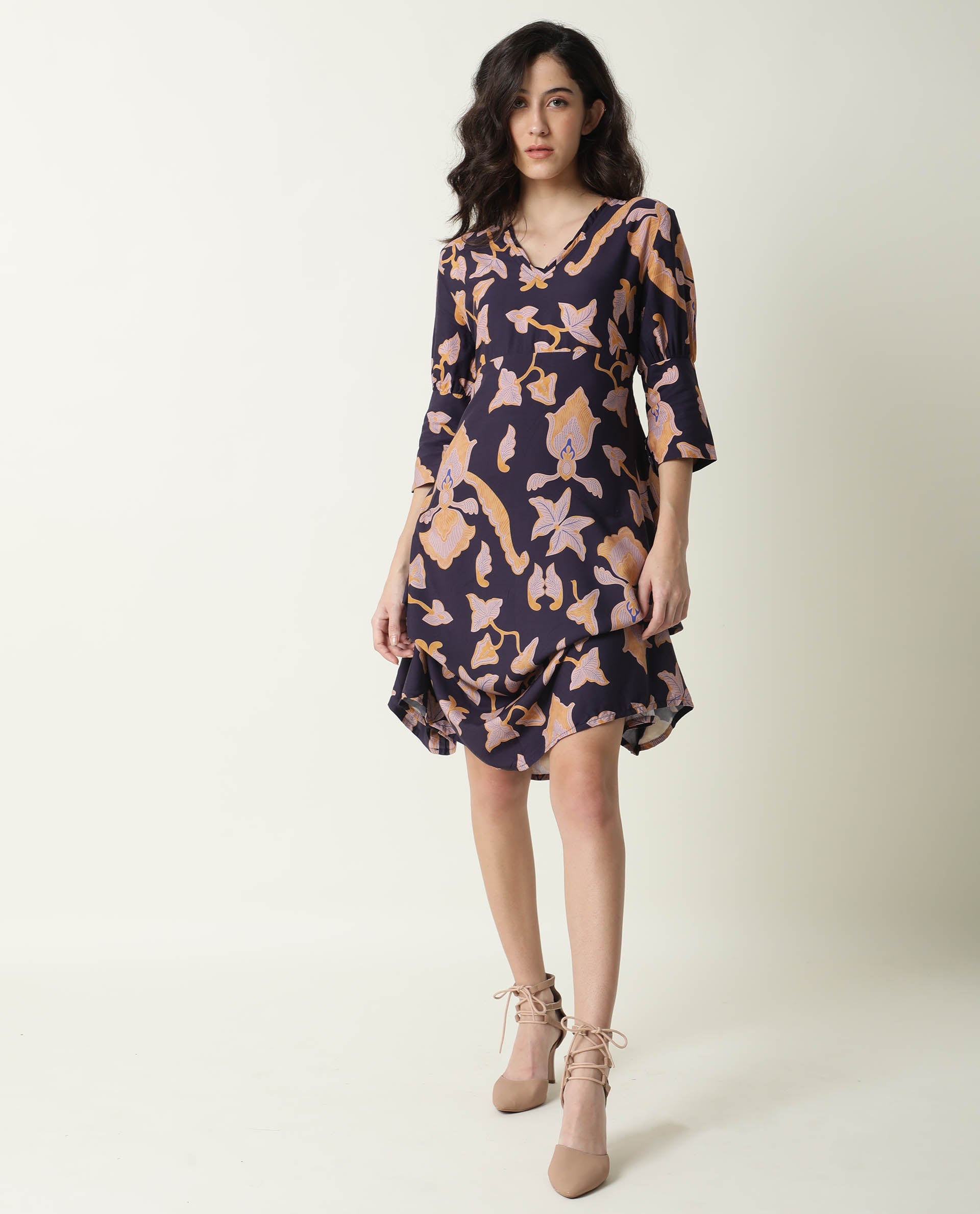 Rareism Women Kenna Navy Abstract Print V Neck 3/4 Sleeves Asymmetric Knee Length Dress