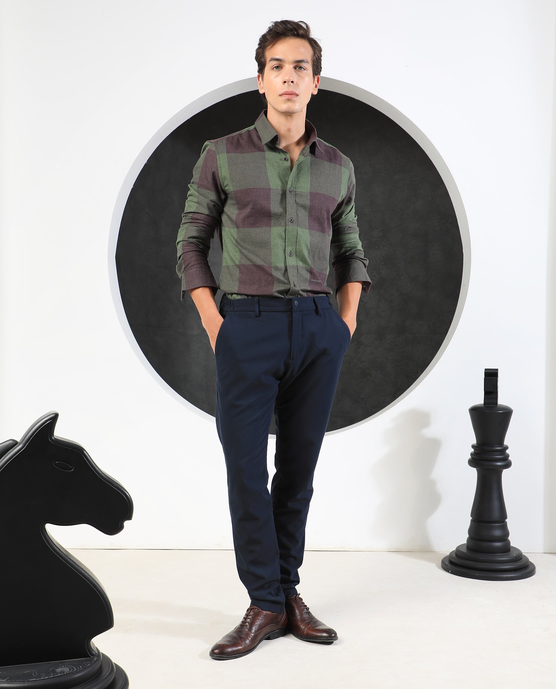 Rare Rabbit Men's Beavers Olive Cotton Polyester Fabric Full Sleeves Twill Checks Shirt