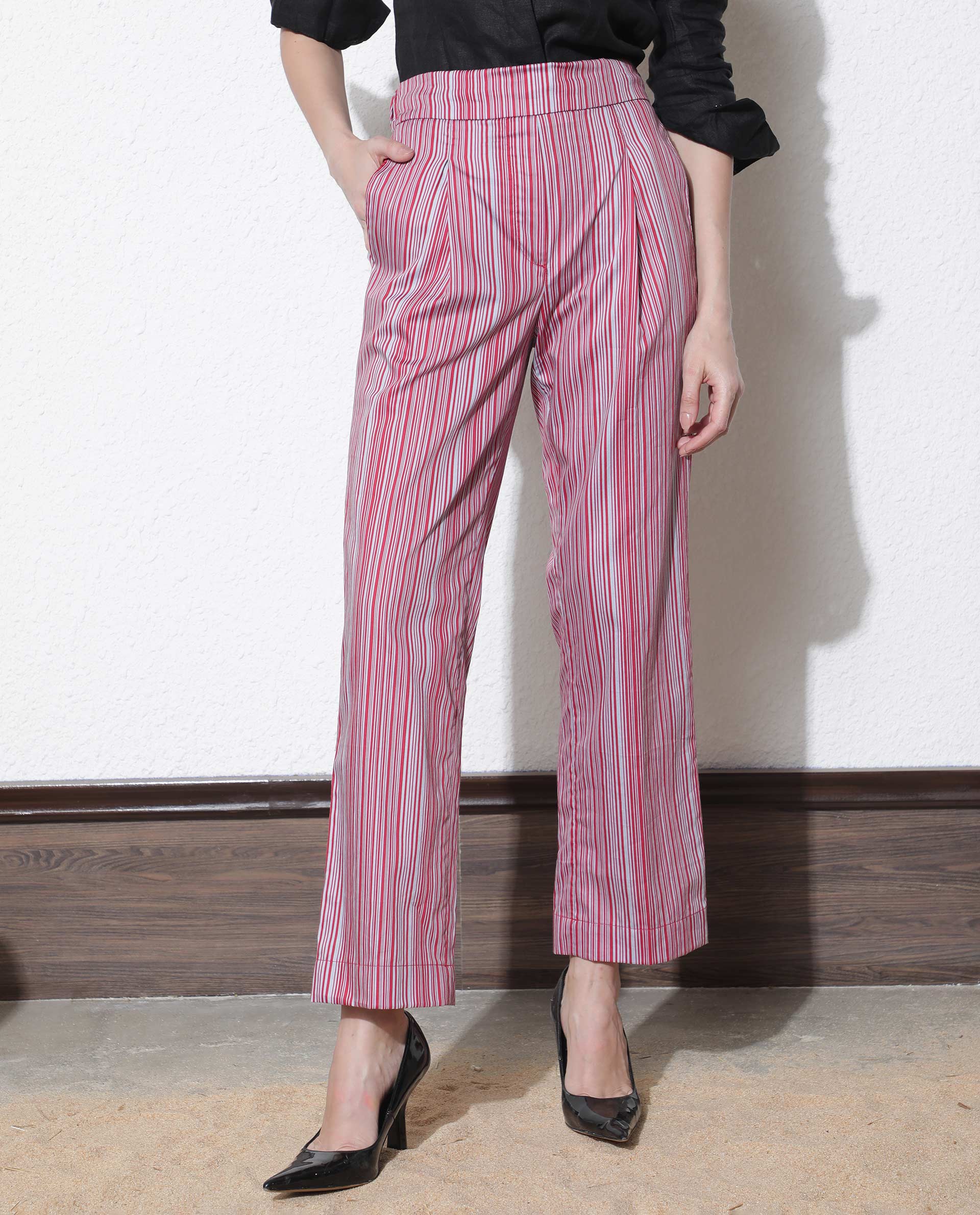 Rareism Women Xavi Maroon Cotton Fabric Drawstring Closure Tailored Fit Striped Ankle Length Trousers