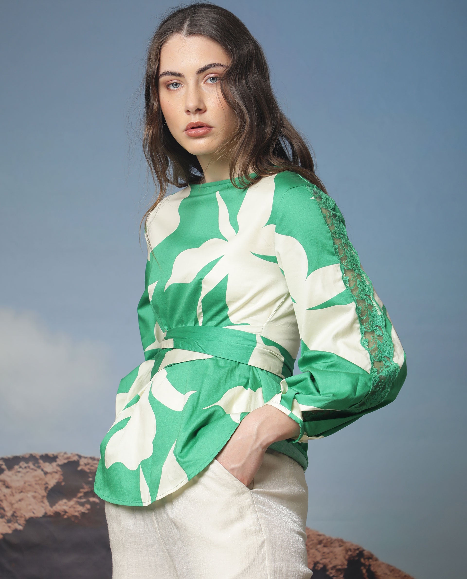 Rareism Women Sloane Green Top Cotton Fabric Full Sleeves Print