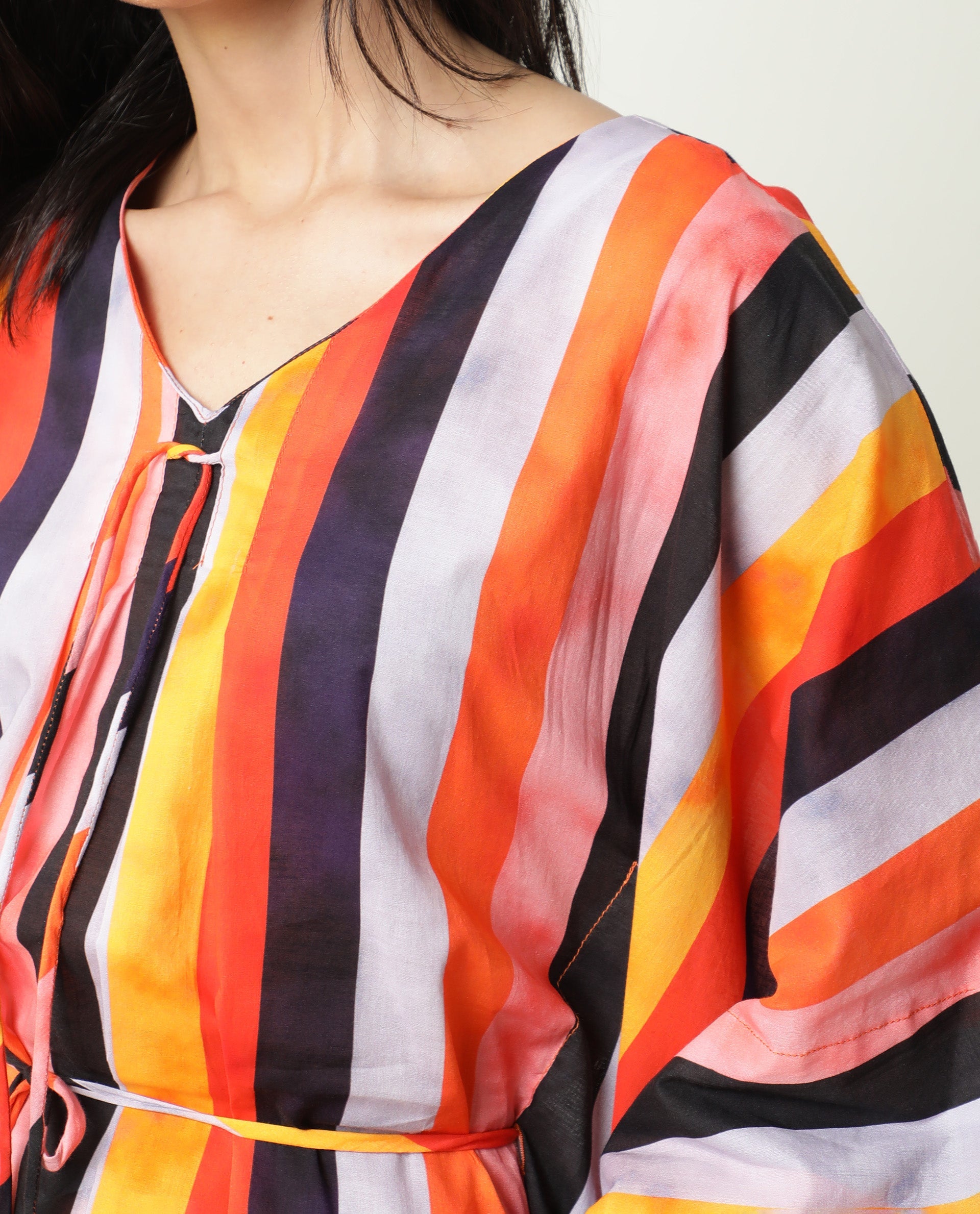 Rareism Women Fact Multi Abstract V Neck Tie Up At Neck And Waist Kaftan Knee Length Dress