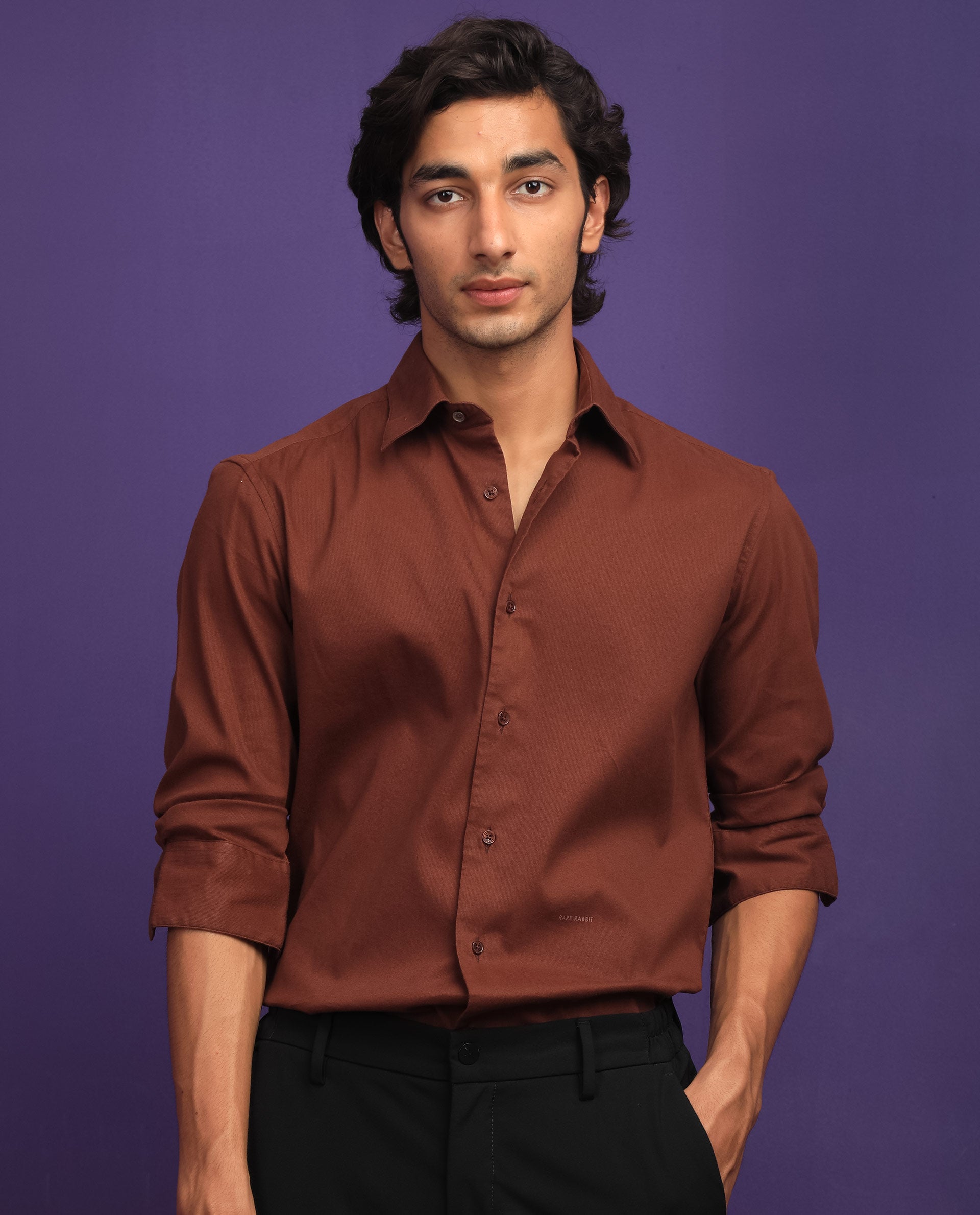 Rare Rabbit Men's Bicton Brown Cotton Lycra Fabric Full Sleeves Solid Twill Shirt