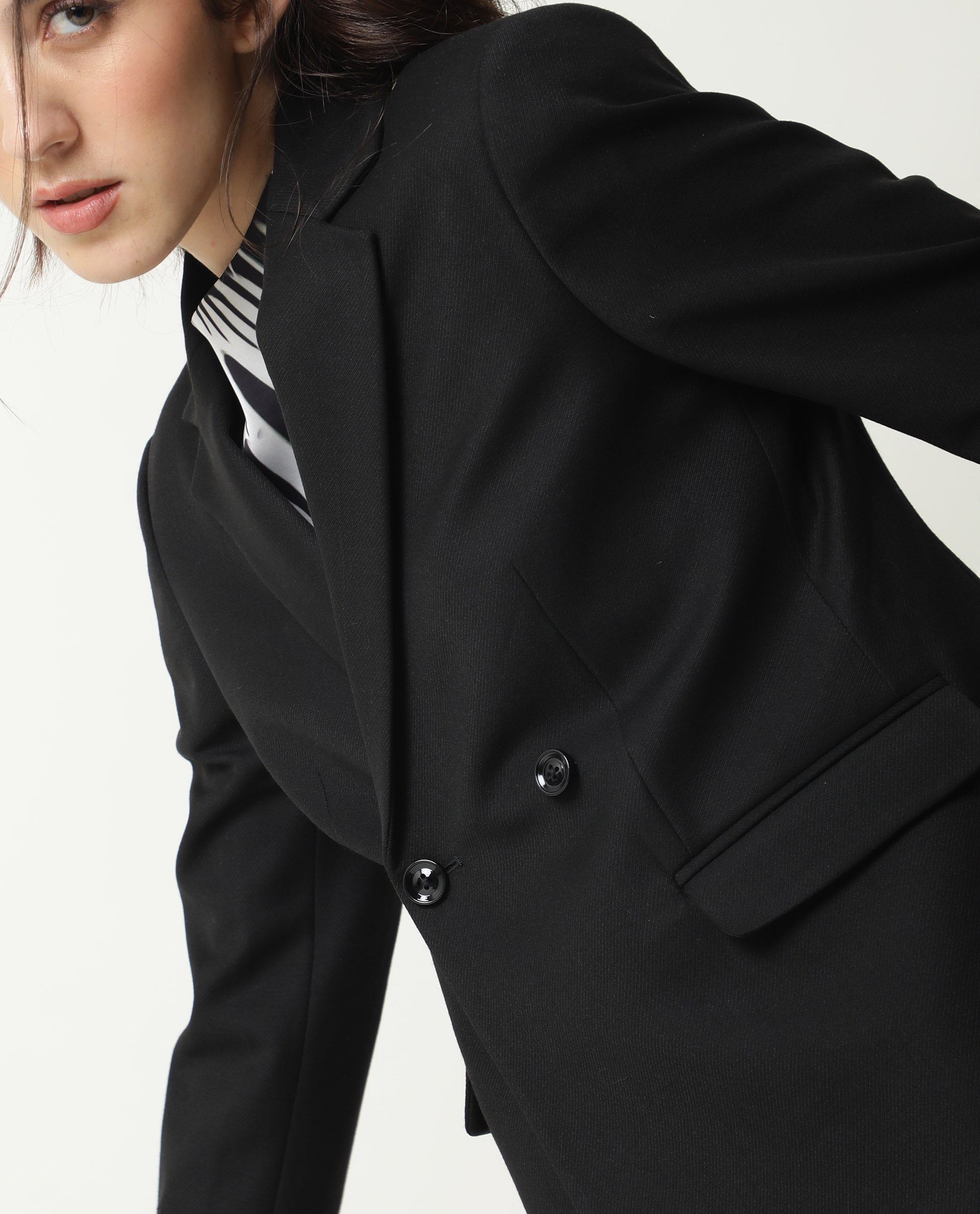 Rareism Womens Yara Black Blazer Poly Viscose Elastane Fabric Regular Fit Full Sleeve Lapel Neck