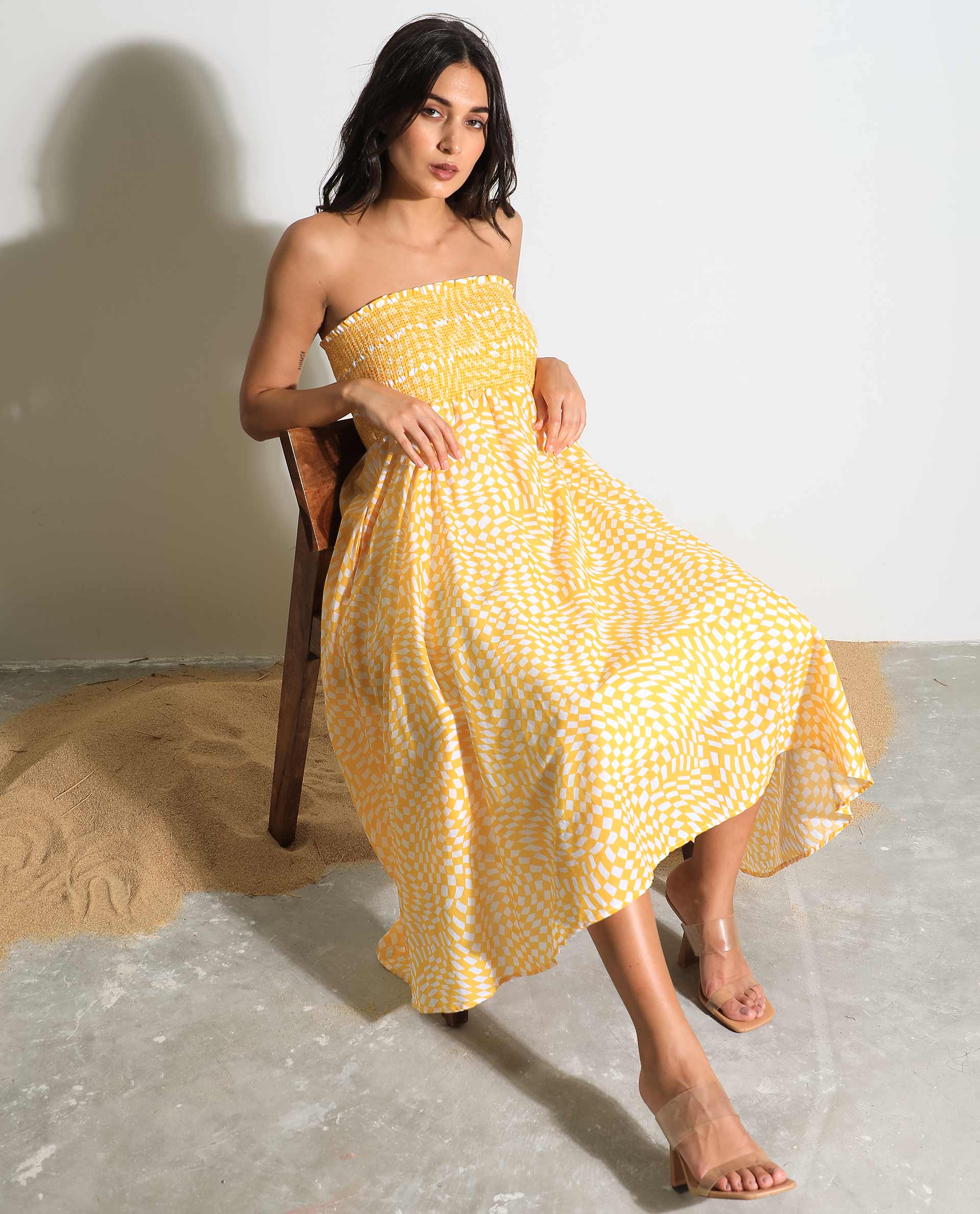 Rareism Women Daffodil Yellow Cotton Fabric Sleeveless Tube Neck Shoulder Straps Regular Fit Print Knee Length Dress