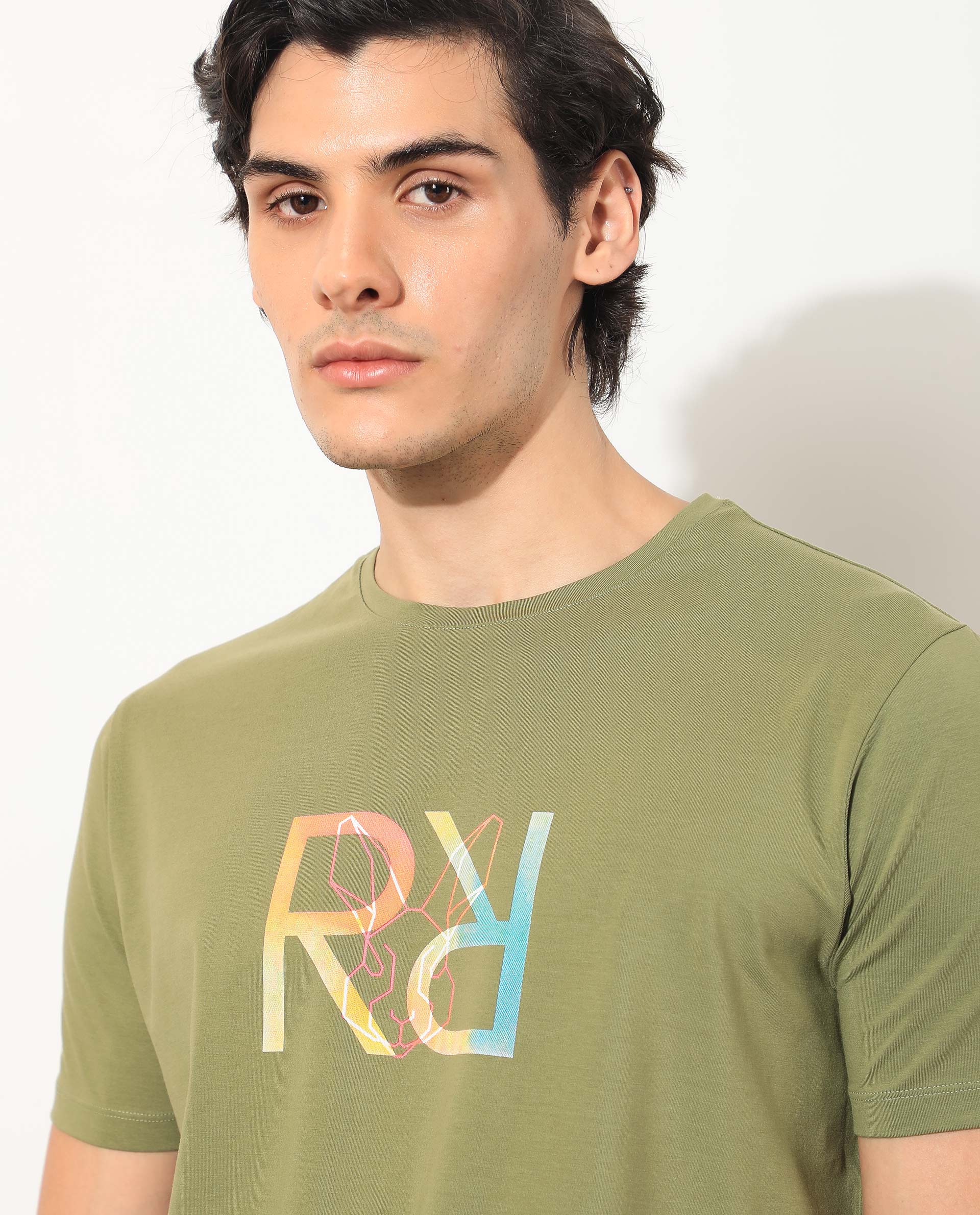 Rare Rabbit Men's Tack Olive Crew Neck Graphic Printed Half Sleeves Slim Fit T-Shirt