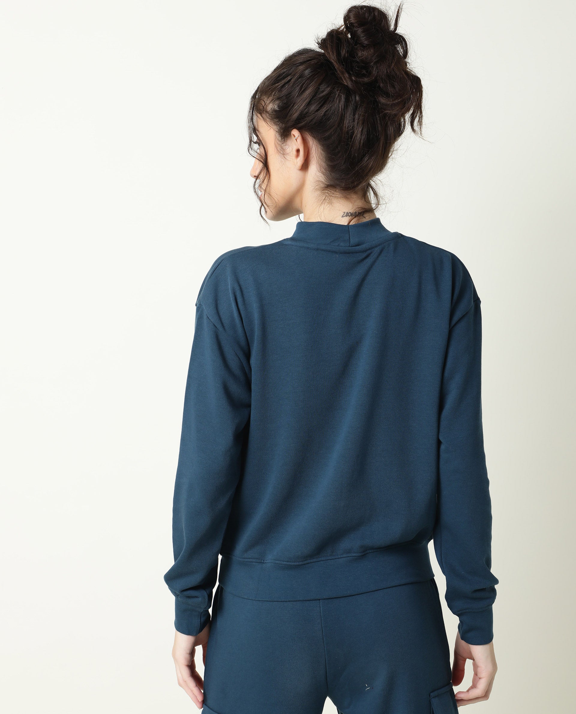 Rareism Women Necker Petrol Relaxed Fit Full Sleeves Solid High Neck Sweatshirt