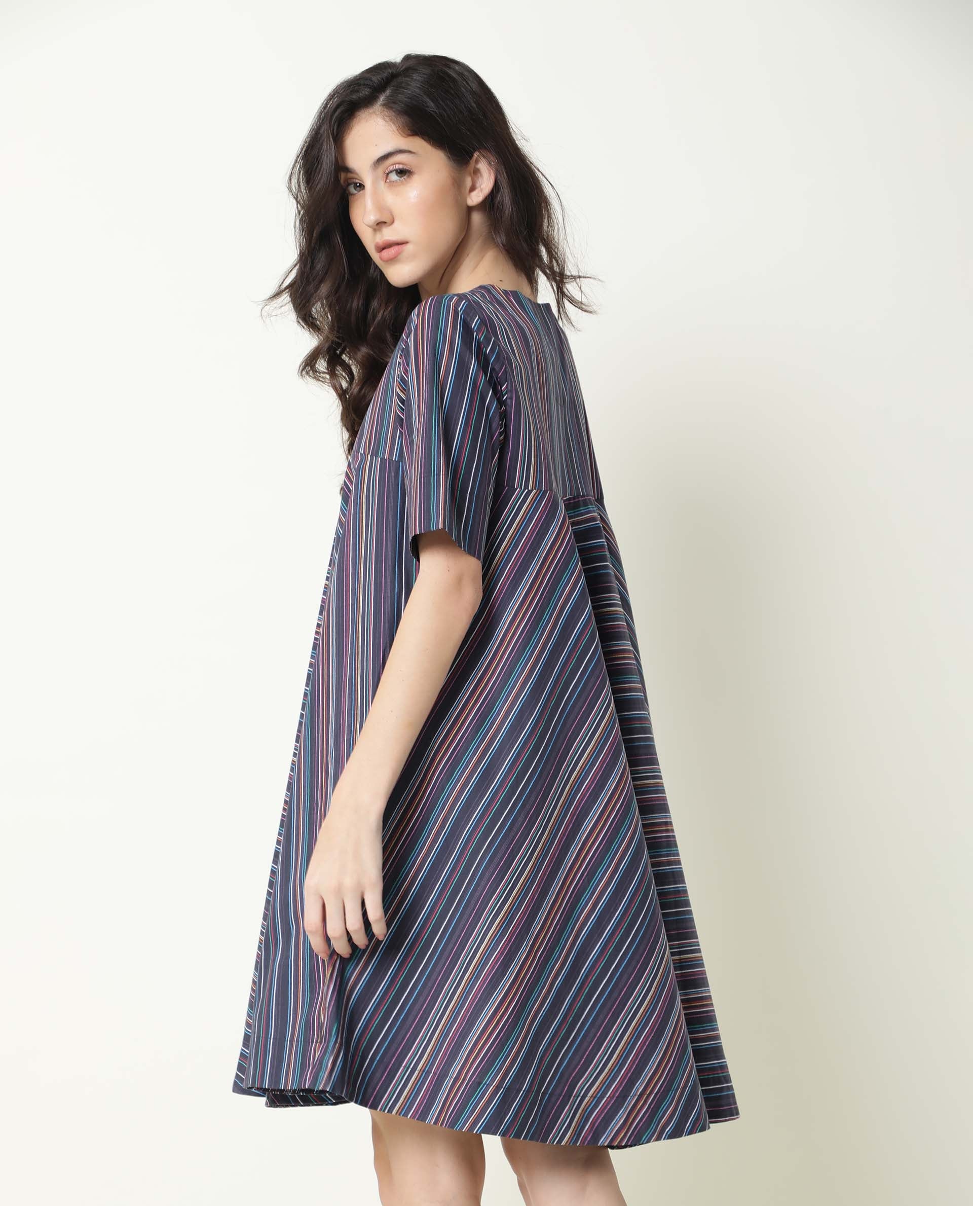 Rareism Womens Rafal Black Dress Cotton Fabric Relaxed Fit Half Sleeve Overlap Neck