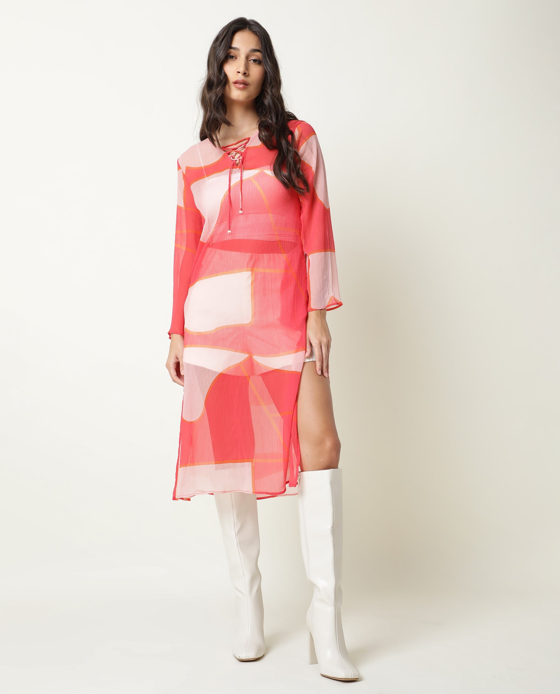 Rareism Women Benett Pink Abstract V Neck With Criss Cross Tie Up Full Sleeves Midi Dress