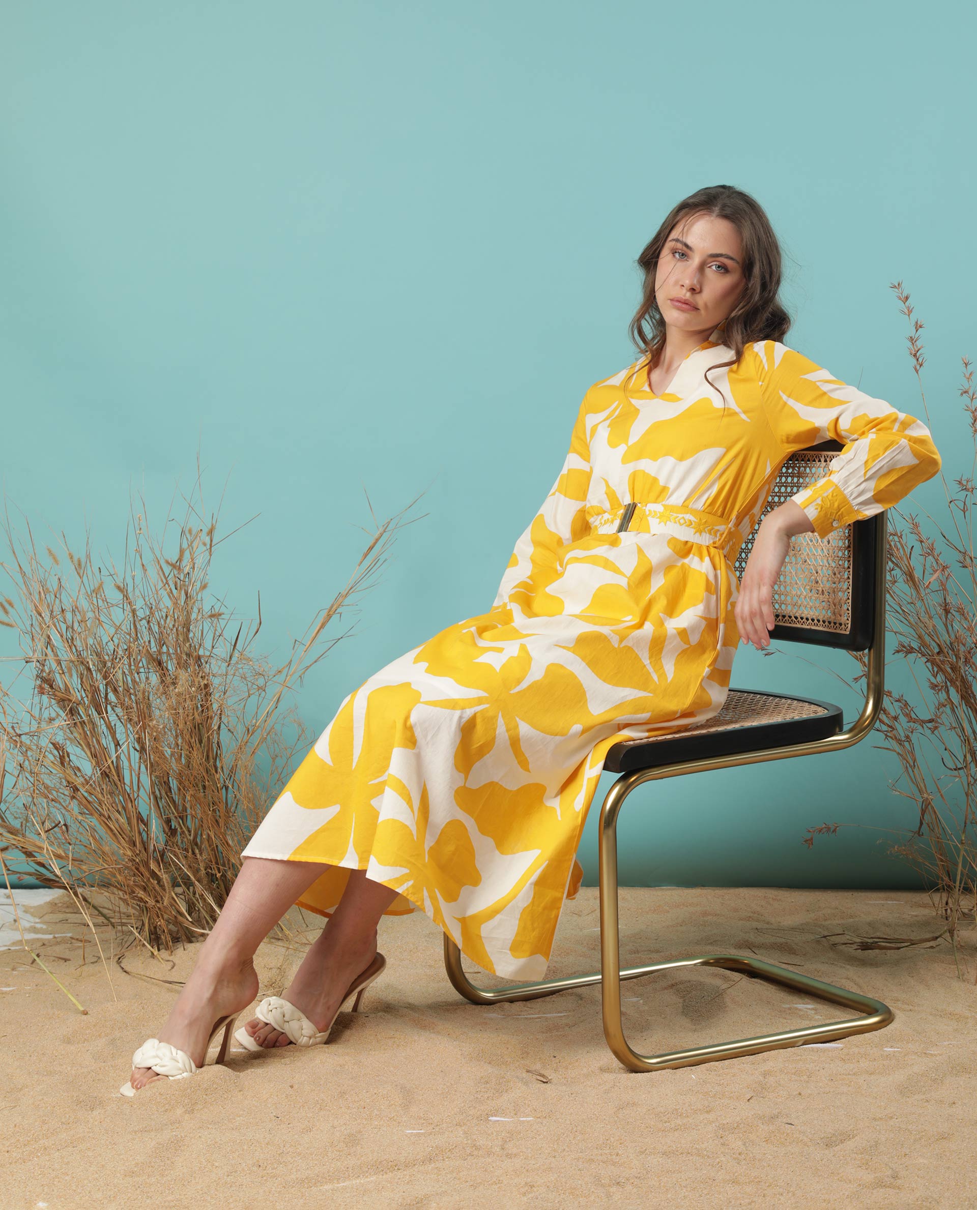 Rareism Women Eliott White Floral Print Mandarin Collar V Neck Full Sleeves With Cuff And Fabric Waist Belt Midi Dress