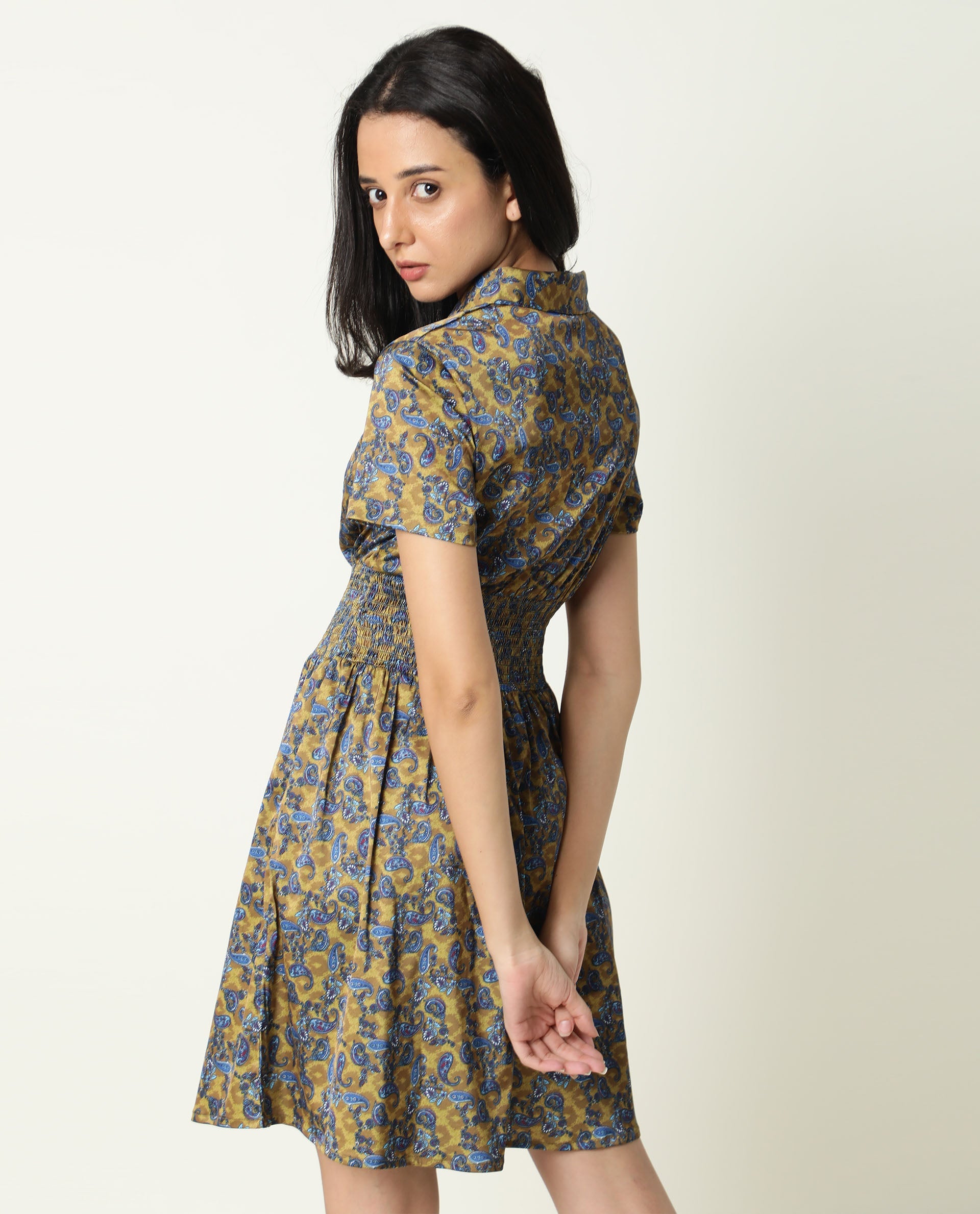 Rareism Women Joss Light Olive Paisley Print Overlap Lapel Collar Short Sleeves Smocked Elastic Waist Mini Dress