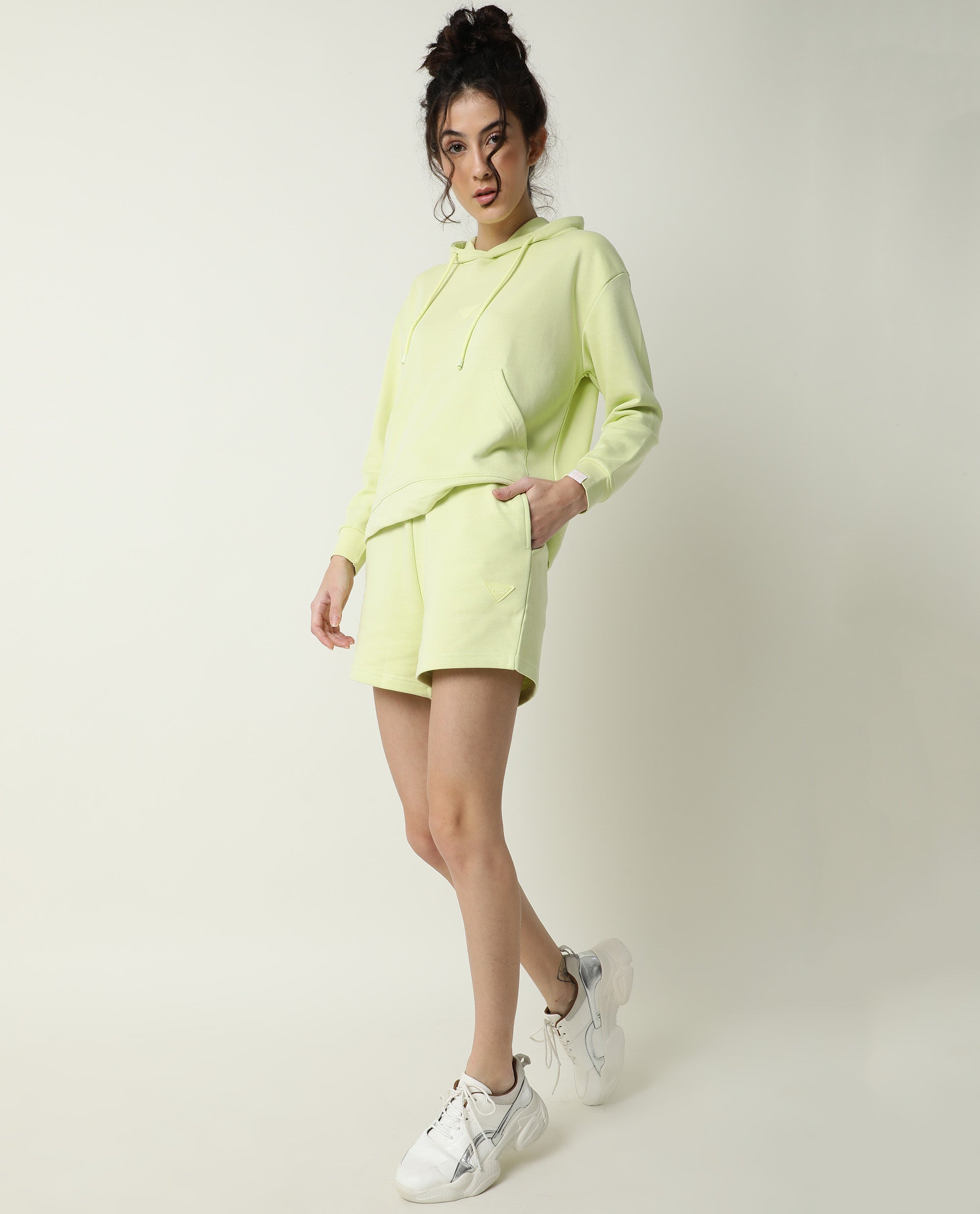 Rareism Women Spence-1 Flouroscent Green Poly Cotton Fabric Regular Fit Solid Mid Rise Shorts