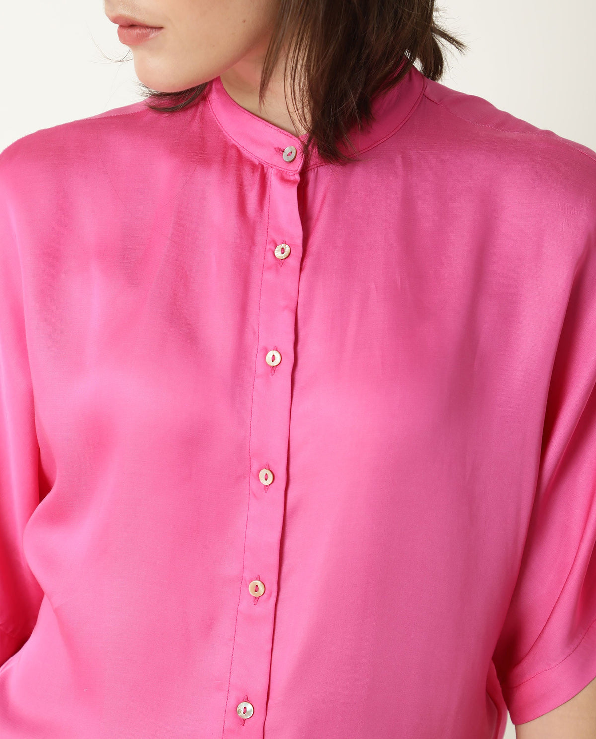 Rareism Womens Paige Pink Top Modal Satin Fabric Regular Fit Kimono Sleeve Mandarin Neck