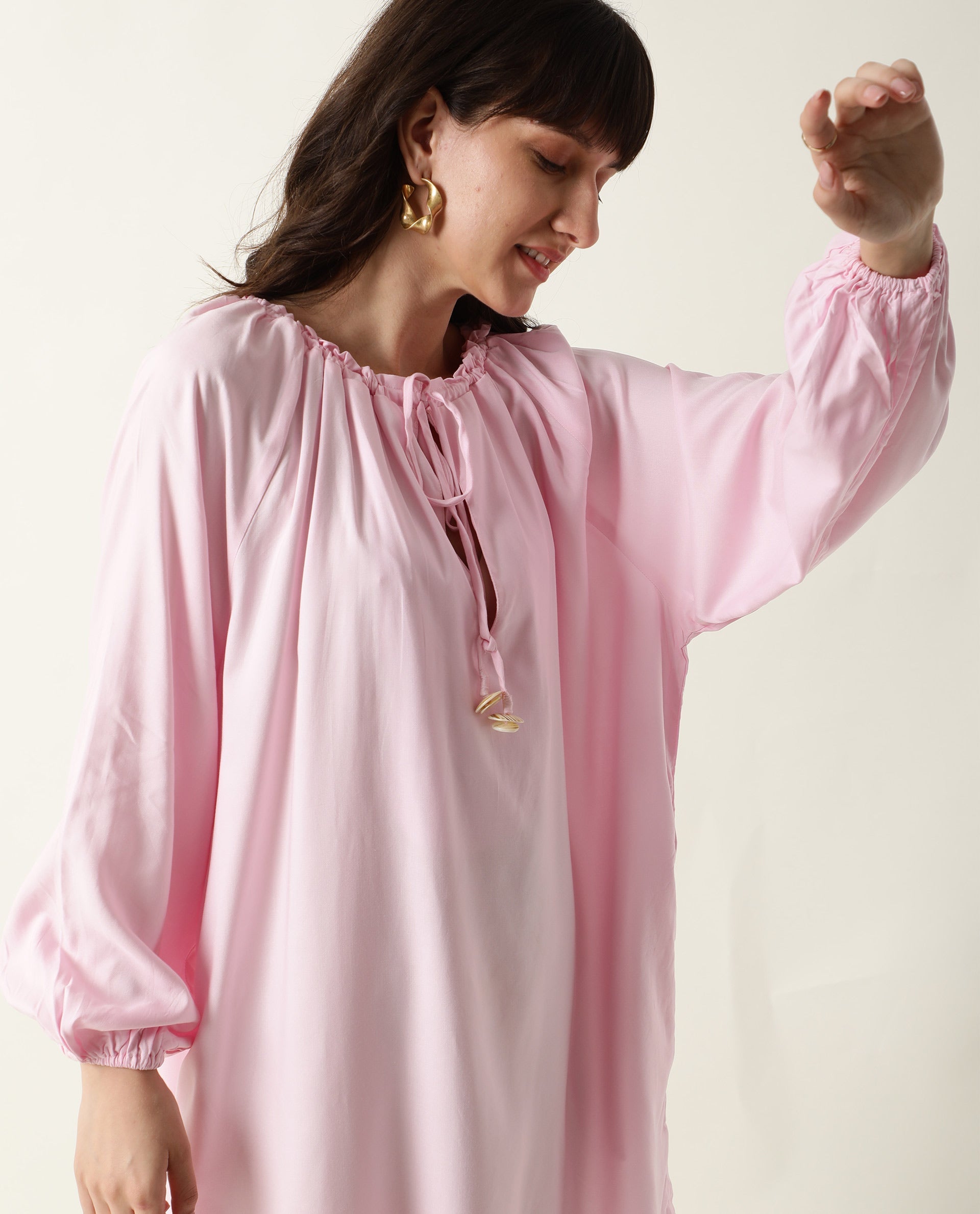 Rareism Women Mason Pink Viscose Fabric Full Sleeves Tie-Up Neck Solid Short Dress