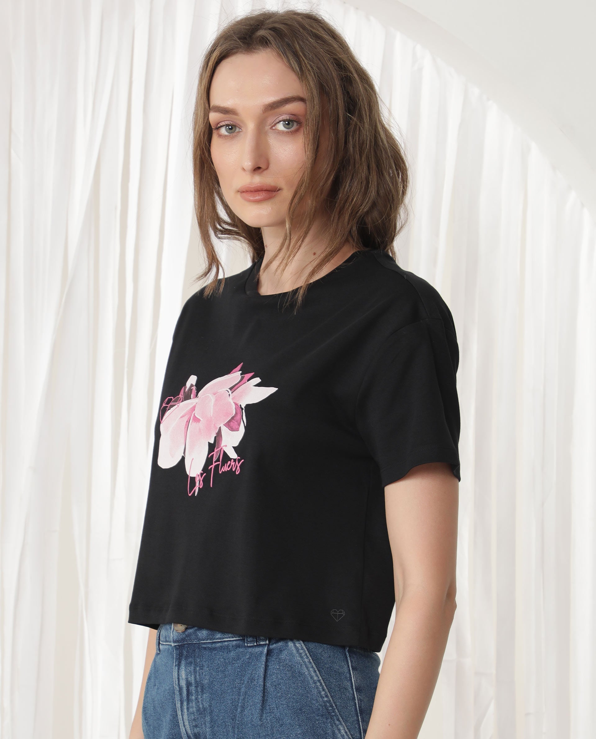 Rareism Women Ictor Black Cotton Fabric Short Sleeves Crew Neck Regular Fit Graphic Print T-Shirt