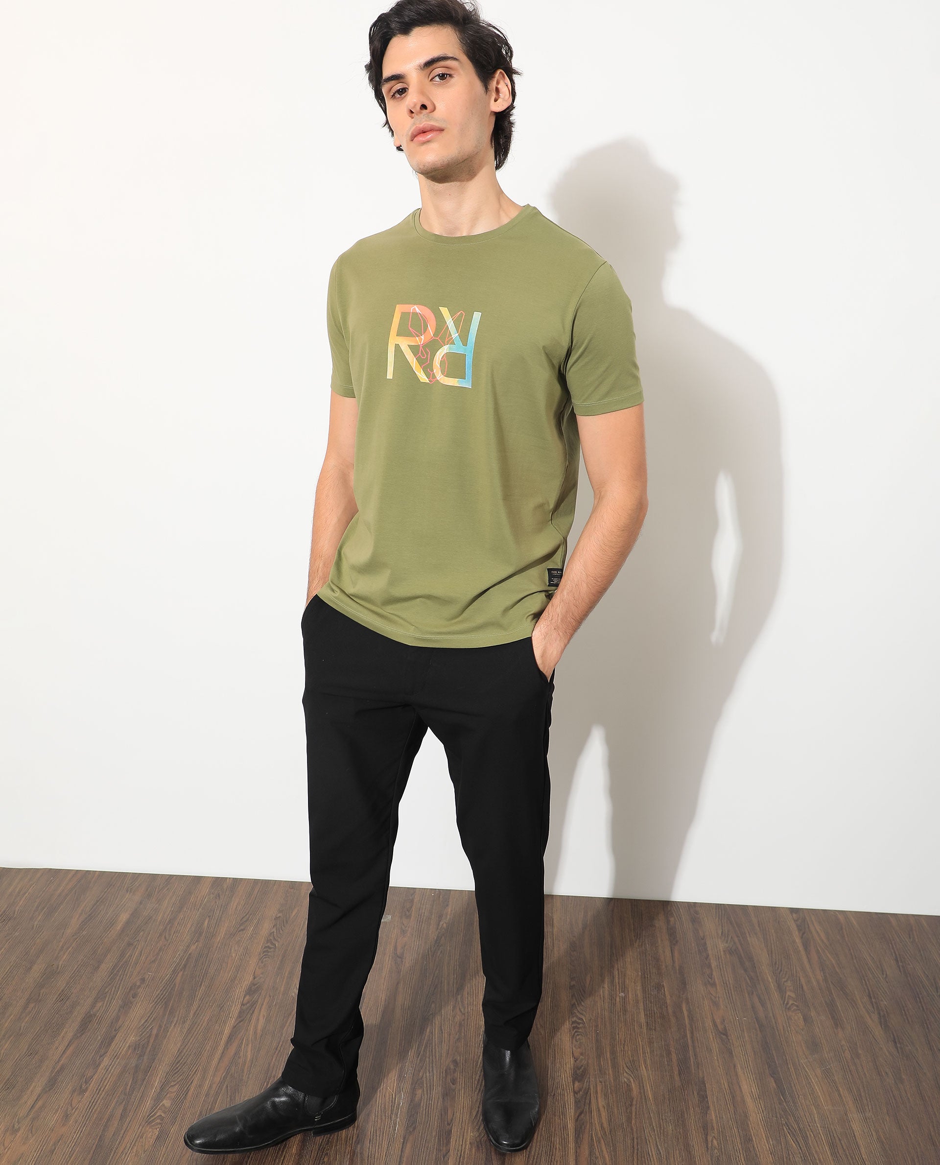Rare Rabbit Men's Tack Olive Crew Neck Graphic Printed Half Sleeves Slim Fit T-Shirt