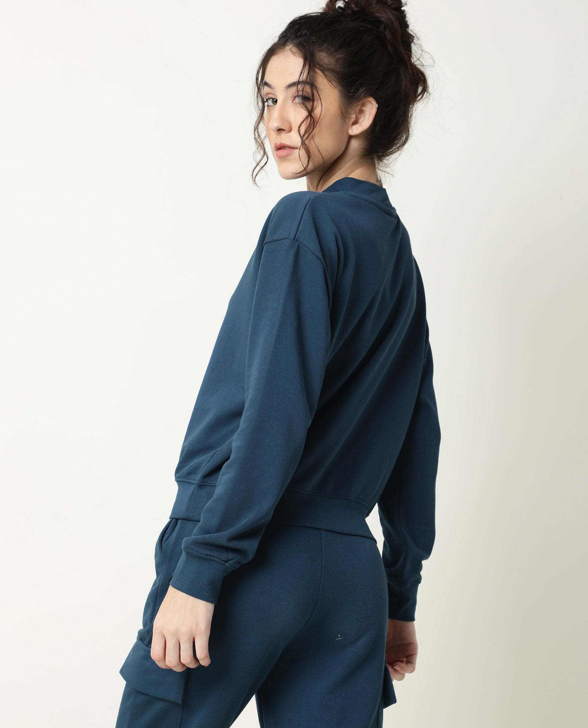 Rareism Women Necker Petrol Relaxed Fit Full Sleeves Solid High Neck Sweatshirt